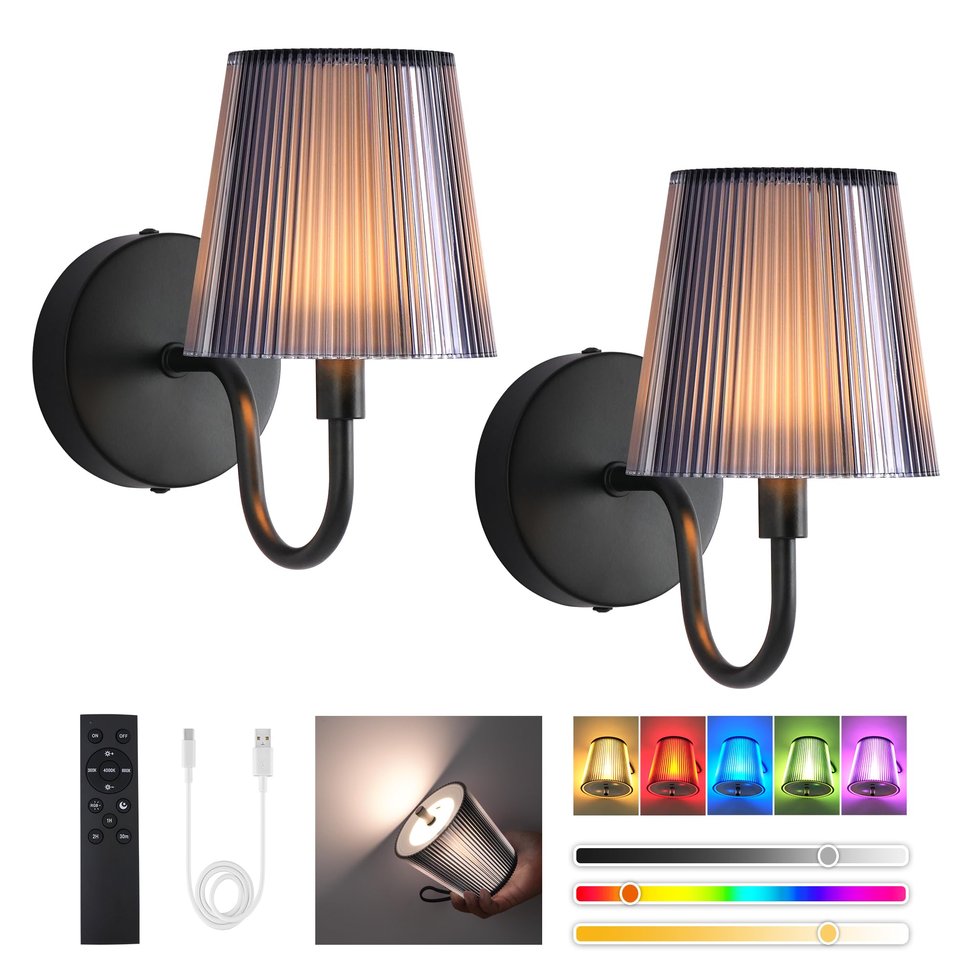 Wandleuchten Wiederaufladbare Wandlampen für Wohnzimmer RGB und 3 Farbtemperaturen Dimmbar Kabellose Bilderleuchten mit Touch-Steuerung und Fernbedienung für Treppen Flur 2 Stück…