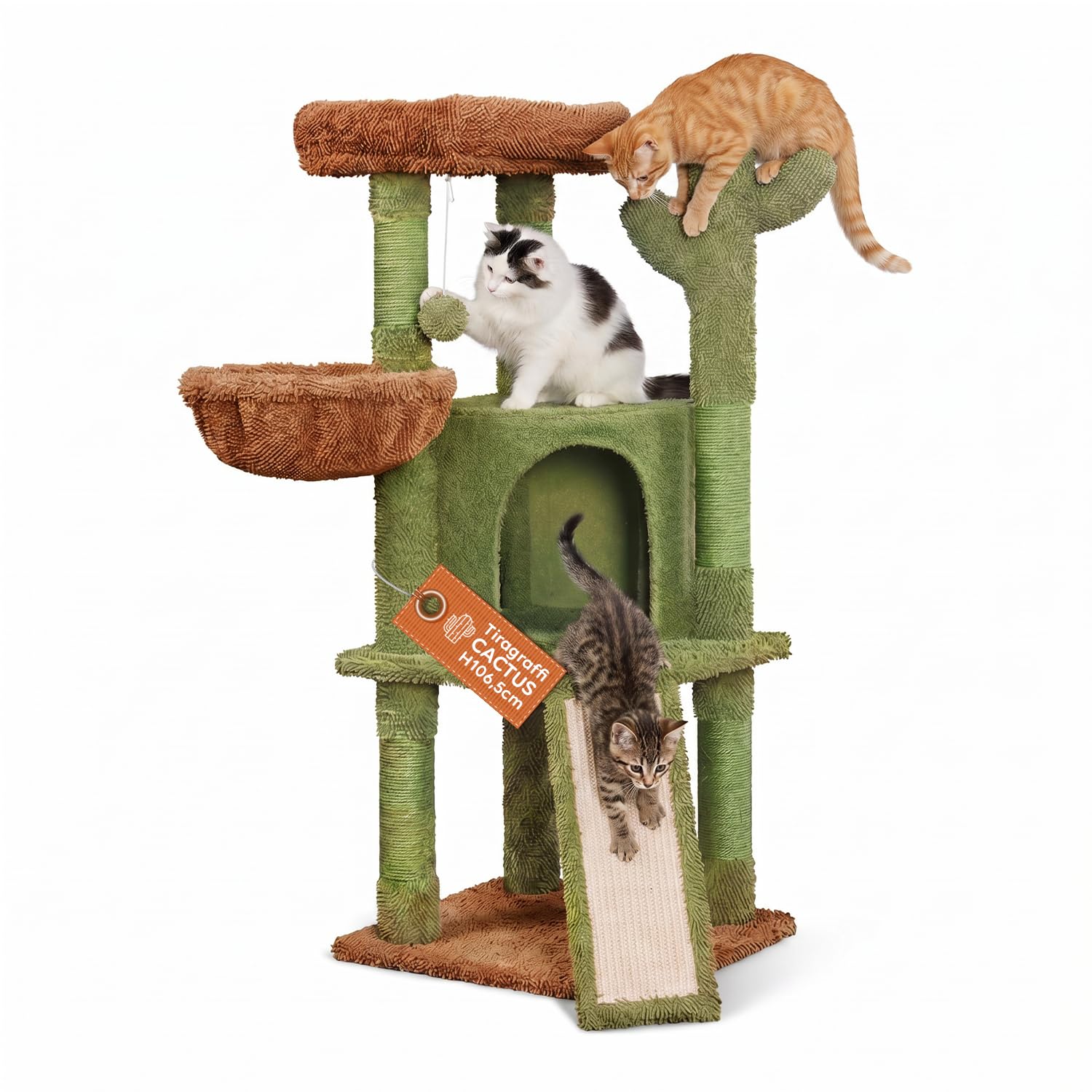 Avilia Albero Tiragraffi per Gatti Adulti a Forma di Cactus 106,5 cm, Torre Tiragraffi in Sisal Naturale con Casetta, Cuccia a Cestino e Pallina Gioco, Design Moderno Verde e Marr…