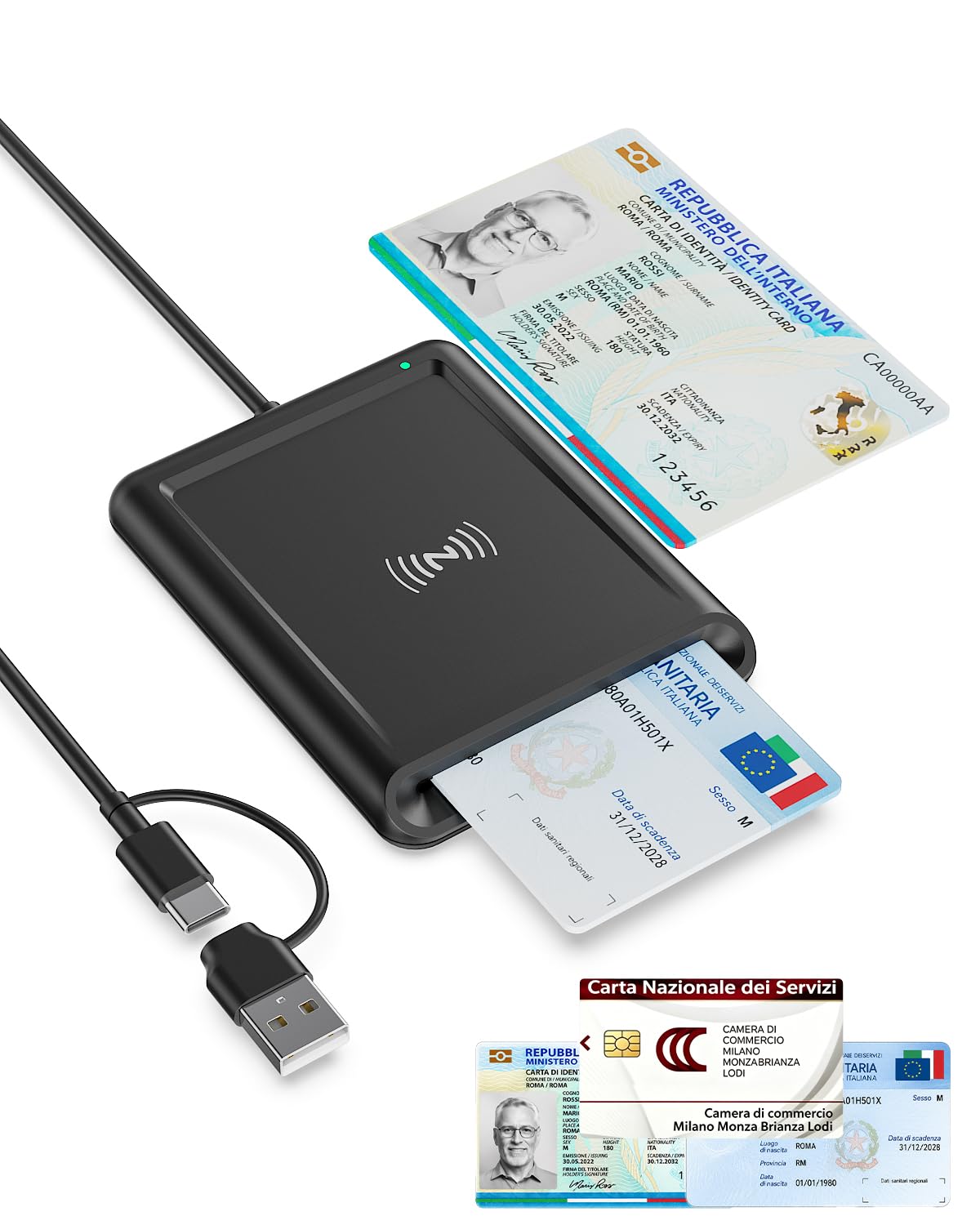 USB Lettore CIE 3.0 NFC Identita Elettronica e Tessera Sanitaria Italiana | Lettore Smart Card Firma Digitale per Contatto e Contactless CIE/CRS/CNS,Lettore Carta d'Identità con P…