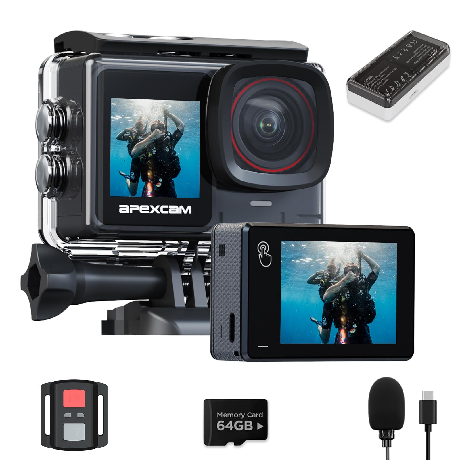 Apexcam Nuovo X80pro Doppia Screen Action Cam 4K60FPS 8X Zoom EIS 64MP Con 64GB Scheda Ultra HD WiFi Fotocamera Sportiva Telecamera subacquea 40m Impermeabile 2.4G Telecomando 2x1…