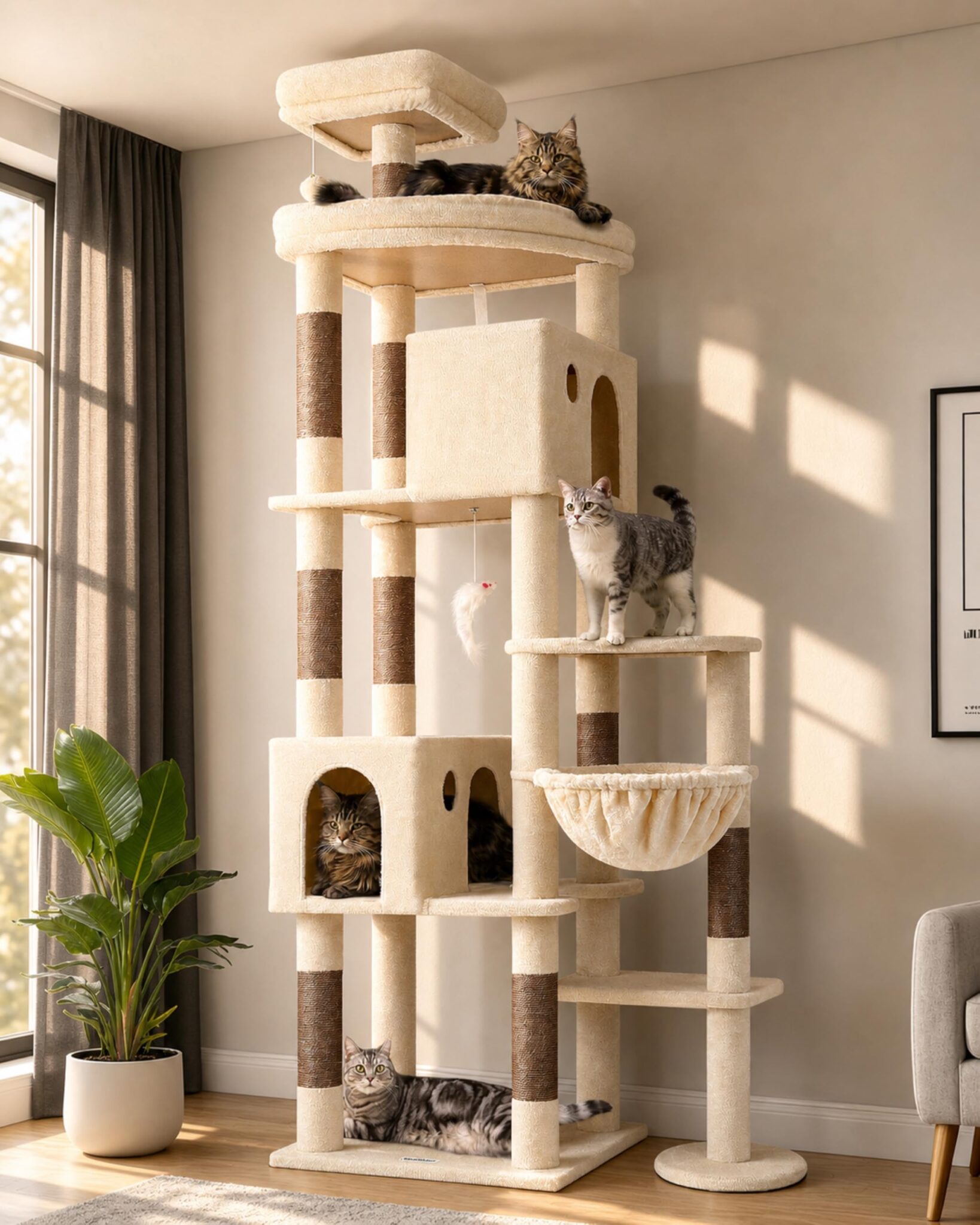 Globlazer Tiragraffi Beige XXL per Gatti Adulti Alto 213 cm con Grandi Piattaforma 55cm*45cm, 2 Grotta, Posatoi, Cesto, Albero Tiragraffi Stabile per Multipli Gatti Grandi Interno…