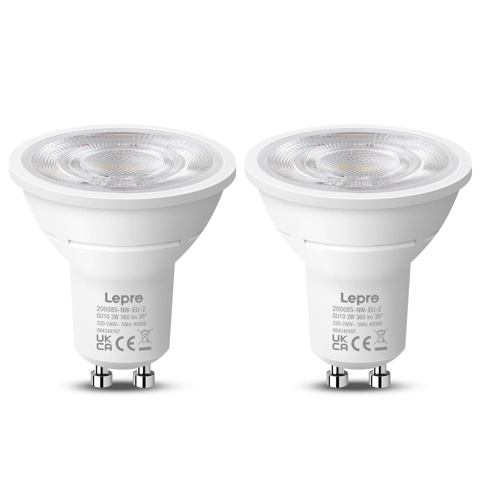 Lepro Lampadina LED GU10 Classe A 4000K 360lm 2W=50W 2Pz | GU10 LED ad alta efficienza Classe A, luce bianca naturale 4000K e fascio 38° per illuminazione domestica,non dimmerabili