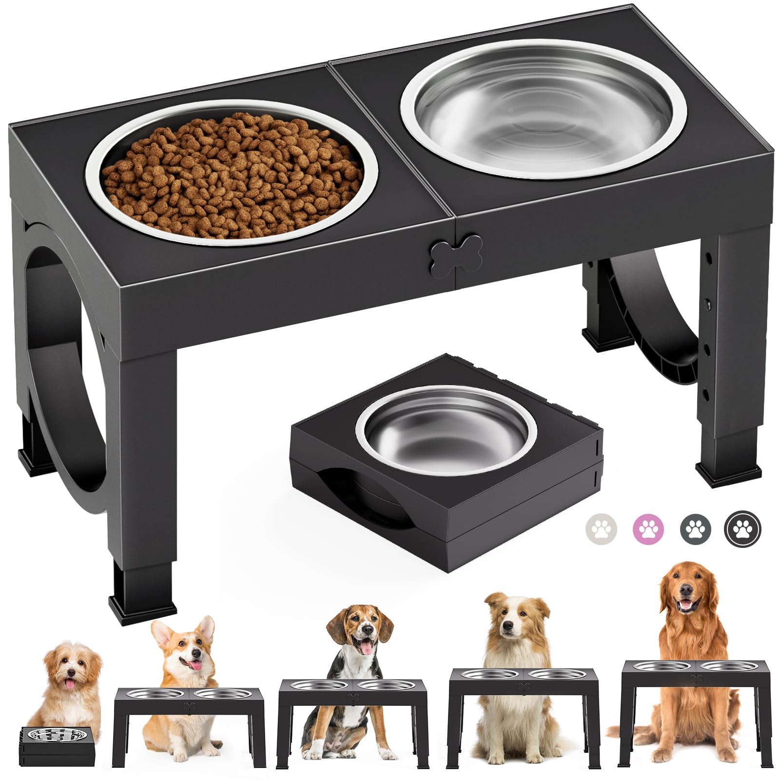 X XBEN Ciotole Rialzate per Cani Piccoli, Medi e Grandi, Ciotole per Cani con 5 Altezze Regolabile e con 2 Ciotole in Acciaio Inox da 1200 ML, Pieghevole e Antiscivolo