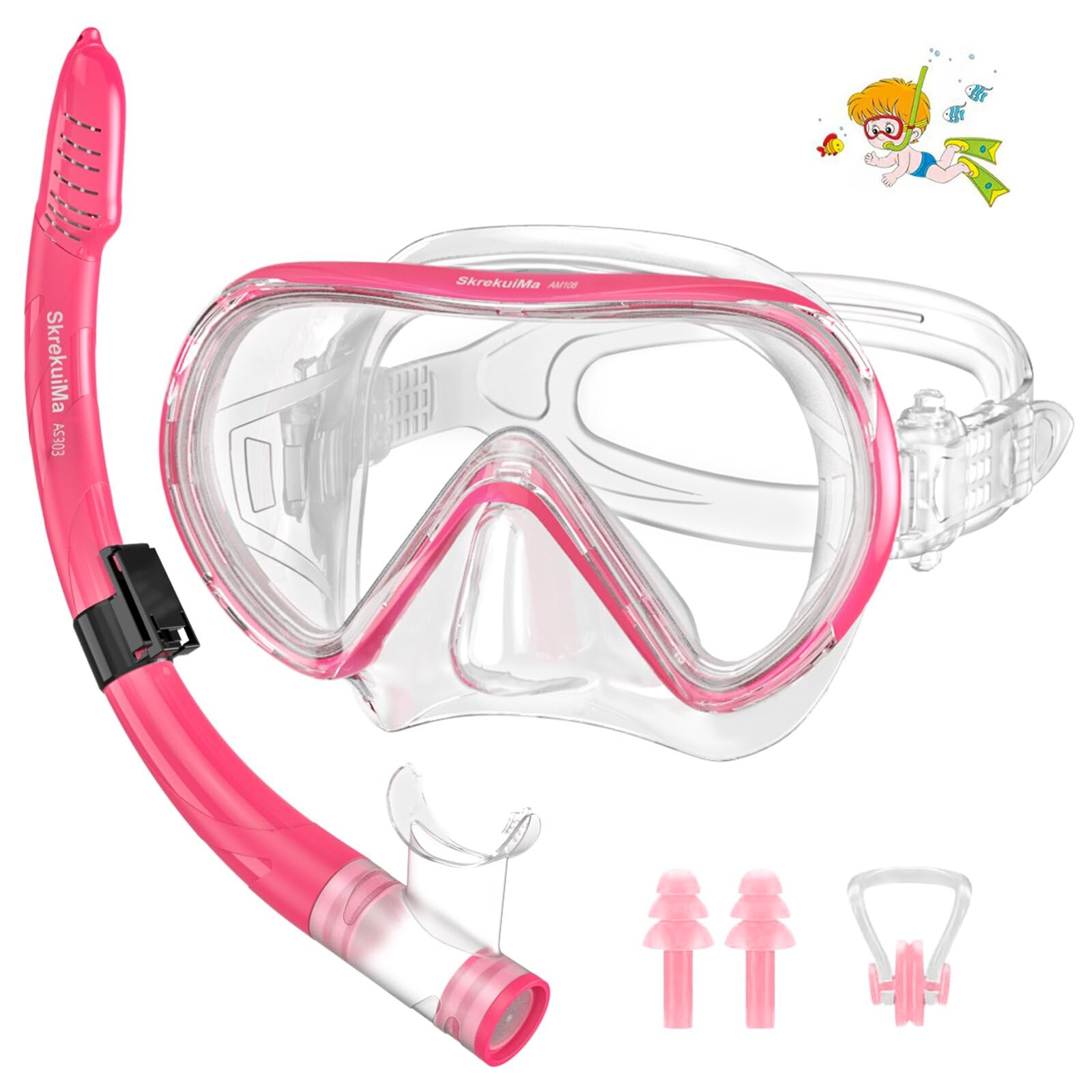 SkrekuiMa Maschera Subacquea Bambini per 4-14 Anni, Set Snorkeling Bambino con Maschera Subacquea e Boccaglio per Snorkeling e Immersioni, Maschera da Sub Antiappannamento e Anti-…