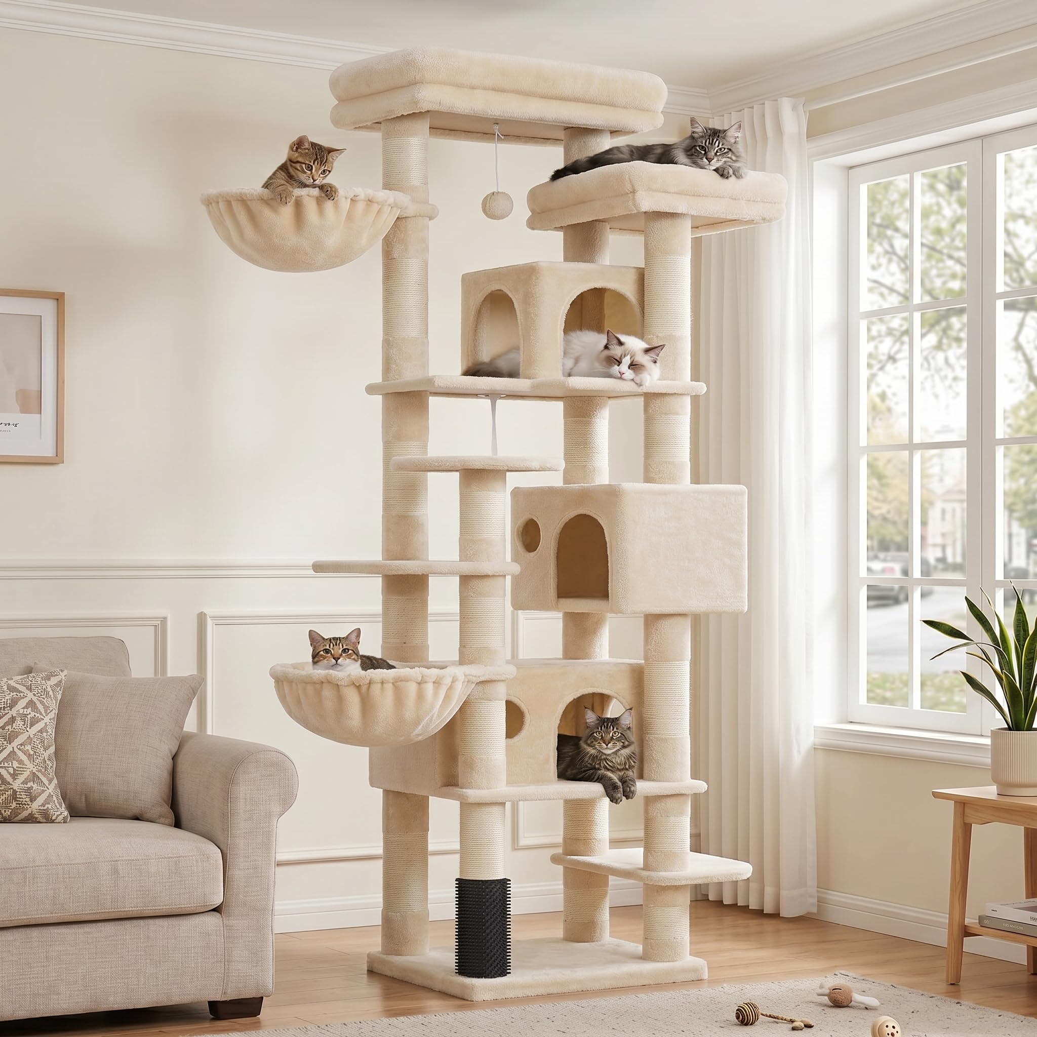 Hey-brother Tiragraffi per Gatti XXL, Albero per Gatti alto 188 cm a più livelli, Dotato di 2 Grandi Piattaforme, 2 Ceste,Palline Pelose e Colonne di Sisal per Graffiare, bianco b…