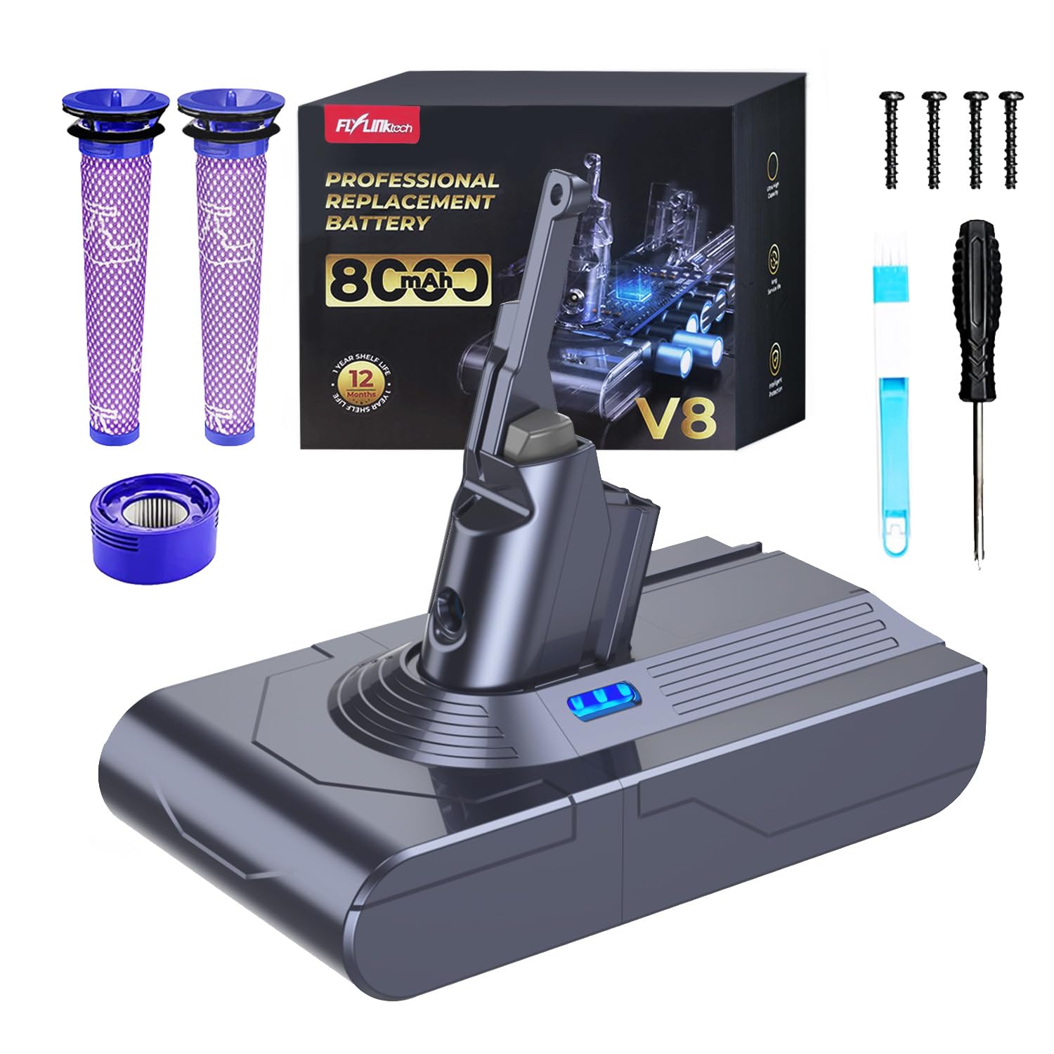 FLYLINKTECH Batteria 8000mAh per Dyson V8, Sostituzione Batteria Li-ion Compatibile con V8 Animal, Absolute, Fluffy, Parquet, SV10 - Con 3 Filtri, Spazzola e Cacciavite Inclusi