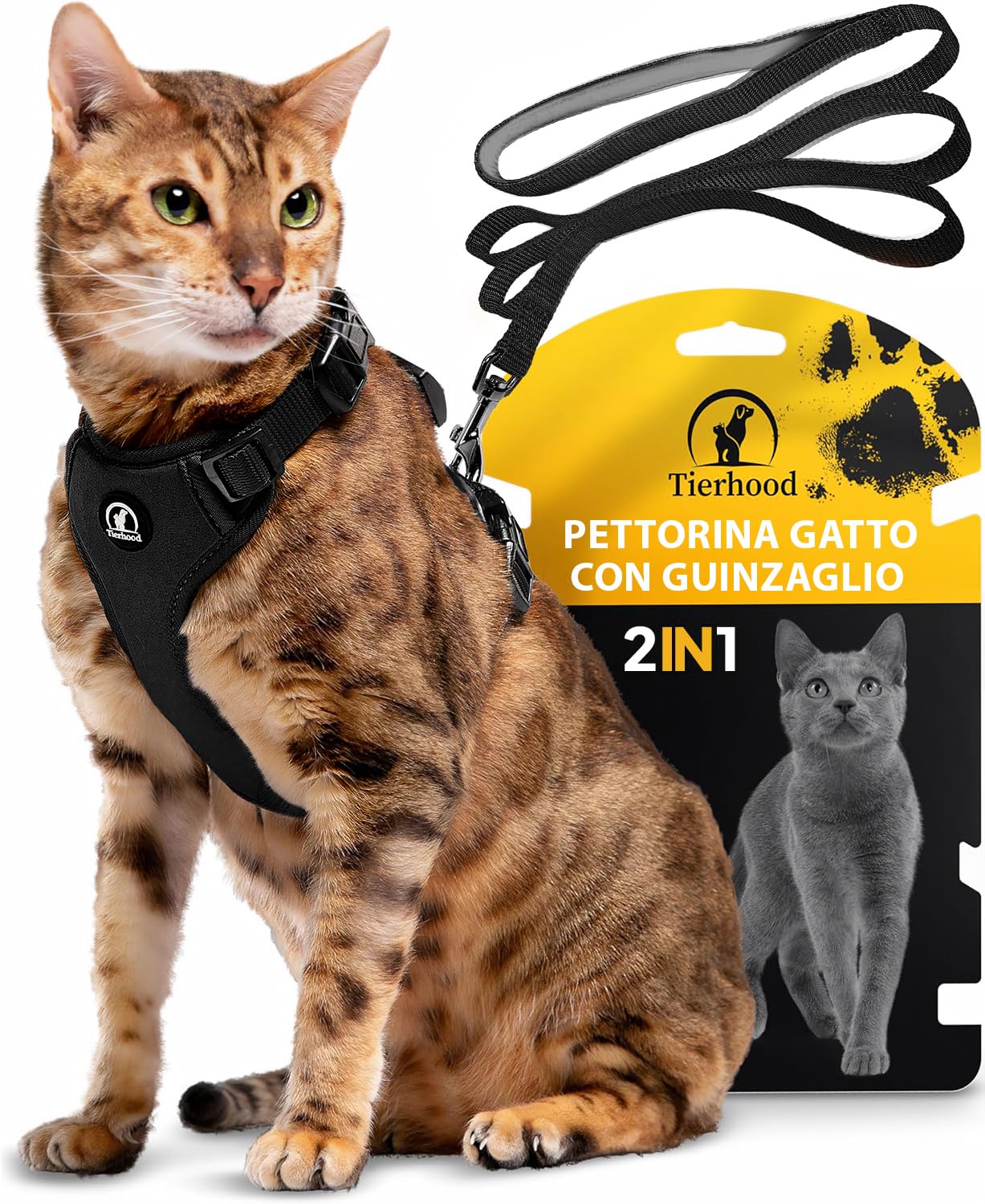 Pettorina Gatto Antifuga Regolabile con Guinzaglio 1,4m - Nero, Taglia M | Neoprene leggero e resistente - libertà di movimento senza pressione - riflettori luminosi - clip al col…