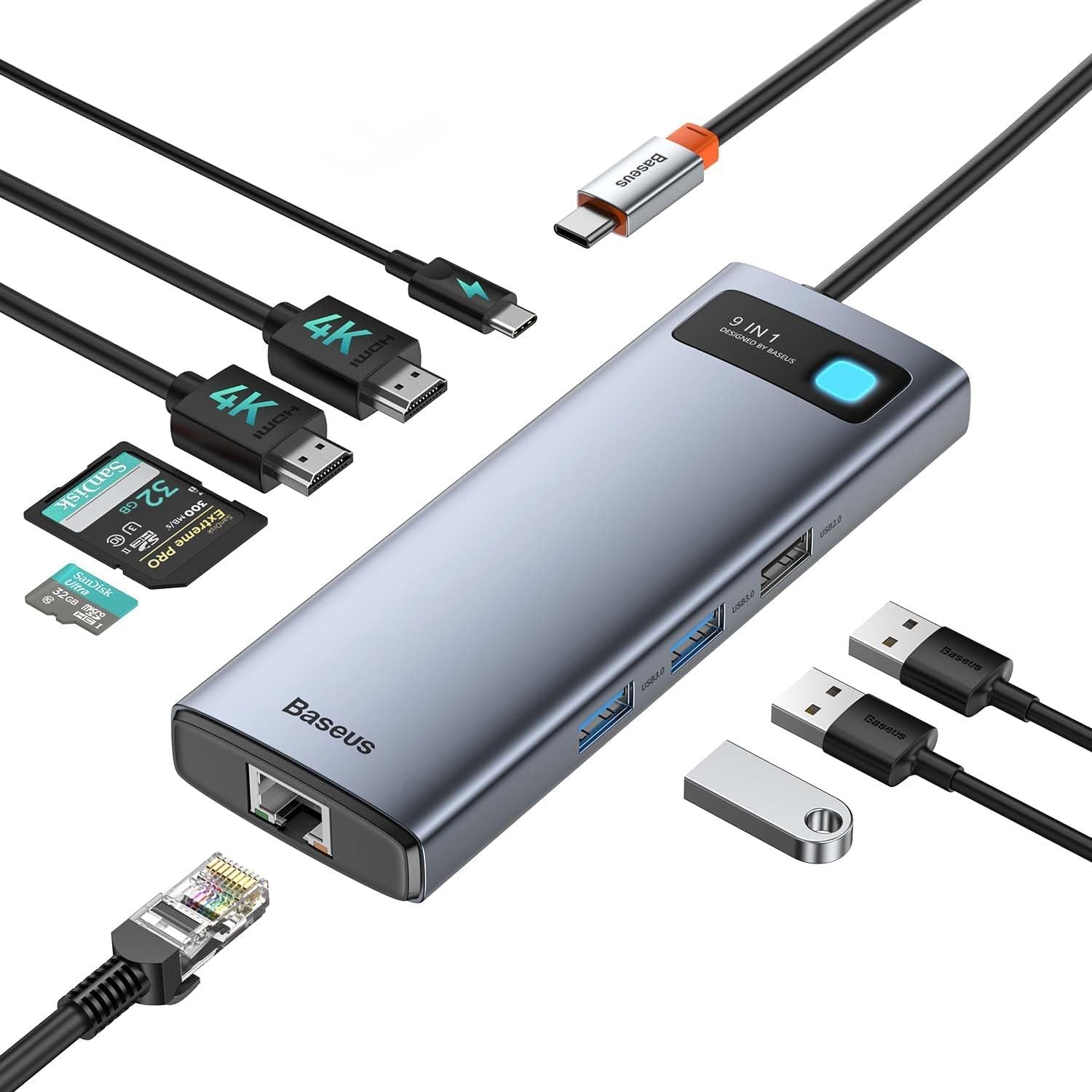 [Chip Ottimizzato] Baseus Docking Station 9 in 1 USB C 4K 120Hz, 2 Monitor HDMI, Hub USB C, Ethernet 1000 Mbp, PD 100W, TF/SD, USB 3.0, Adattatore per MacBook/Dell/HP/Lenovo e alt…