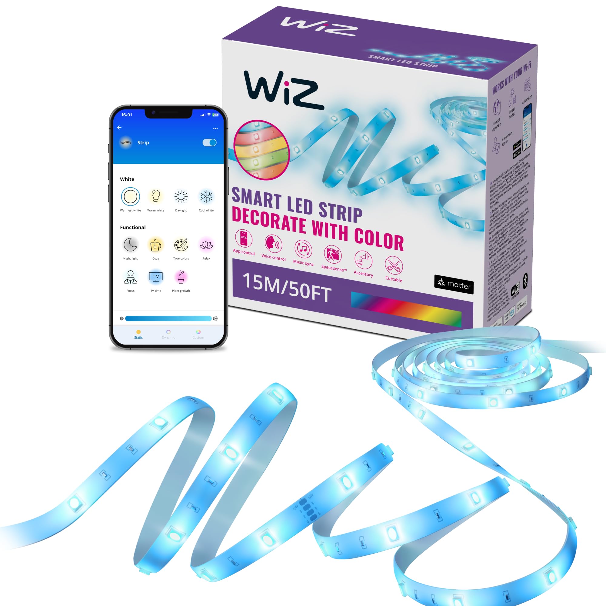 Wiz Striscia LED RGB - 15m tagliabile, 16 milioni di colori + sfumature di bianco, modalità di luce preimpostate, connessione al Wi-Fi, controllo vocale/app, funziona con Google H…