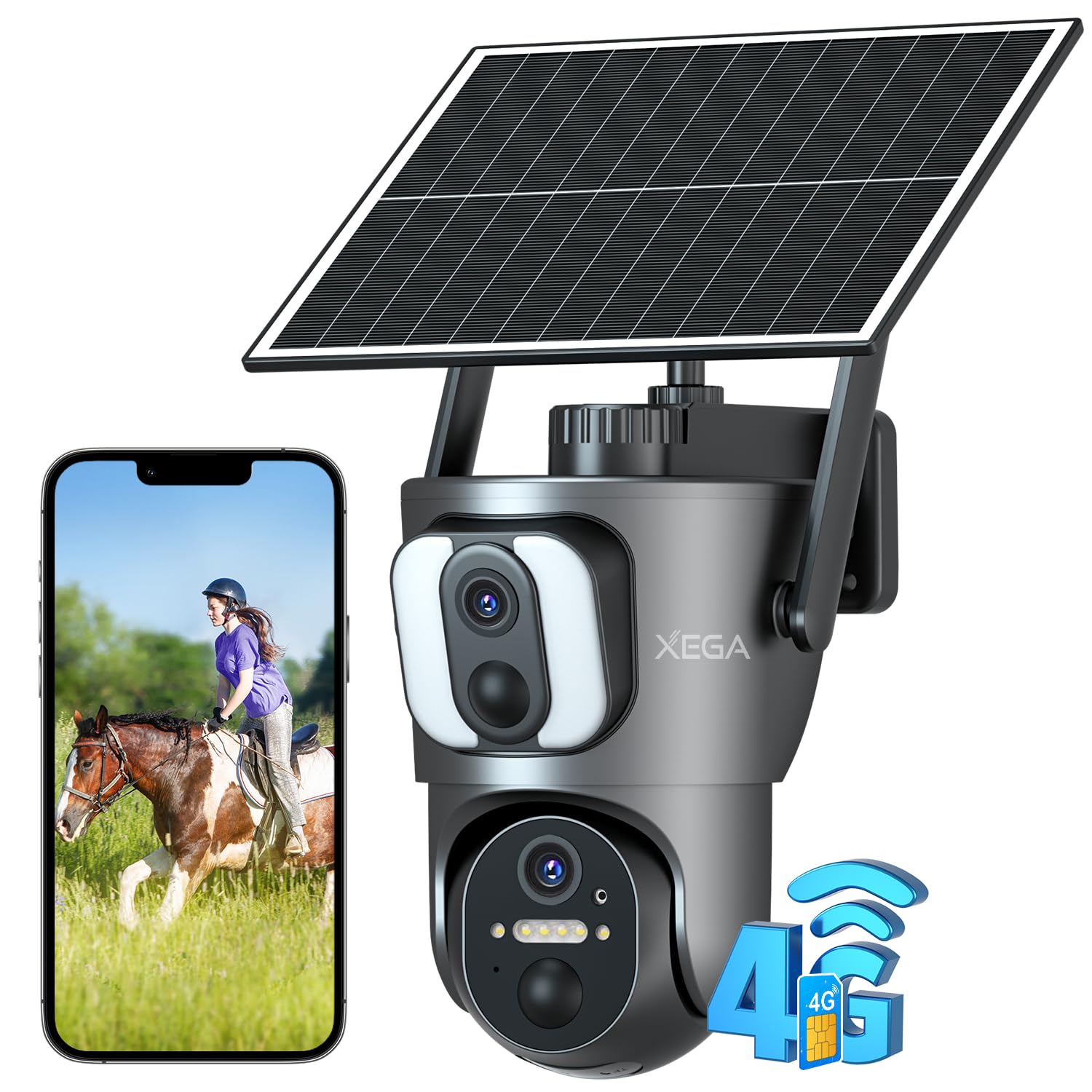 Xega 4G SIM Telecamera Esterno con Pannello Solare【Doppio Obiettivo】 14400mAh 2K HD PTZ Telecamere Senza Fili con Scheda SIM, Rilevamento Umano, Visione Notturna, Rotazione 355°/1…