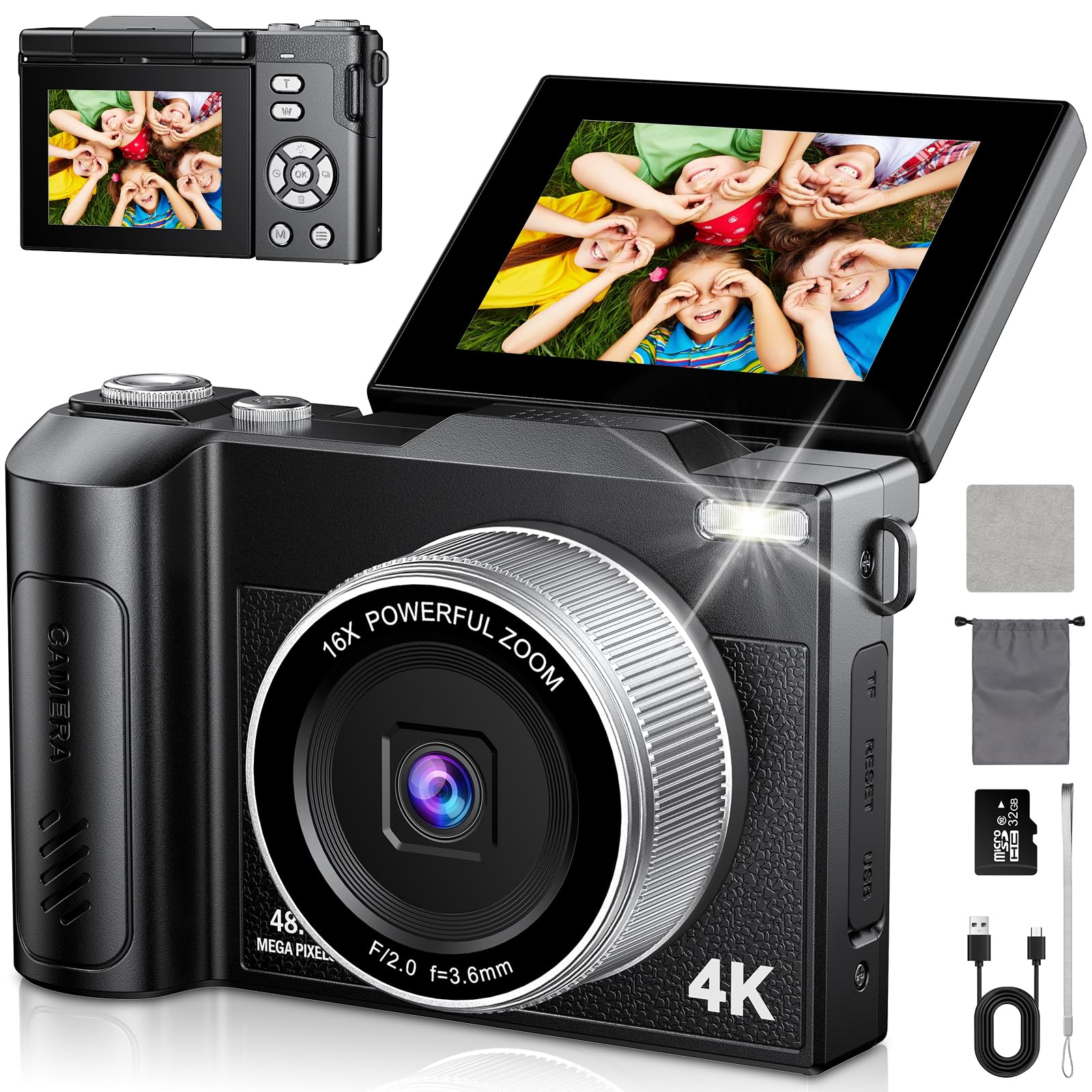 4K Macchina Fotografica 48MP Autofocus Fotocamera Digitale Compatta 2.8'' Schermo Flip 180° con Zoom 16X Vlogging Camera con 32G Scheda per Adolescenti Principianti Adulti (Nero)