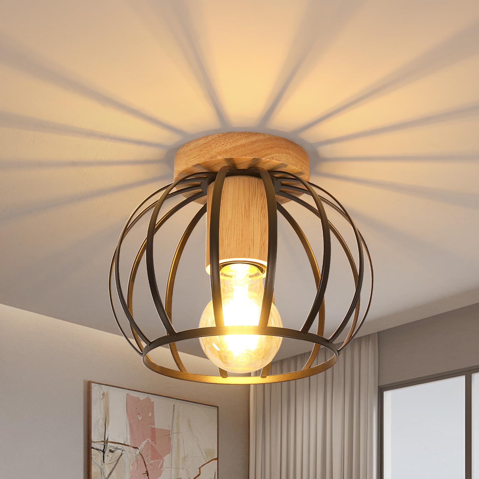 Comely Plafoniera Soffitto Vintage E27, Lampada da Soffitto Industriale | Lampadario da Soffitto in Metallo e Legno per Camera da Letto, Cucina, Corridoio, Sala da Pranzo, Nero