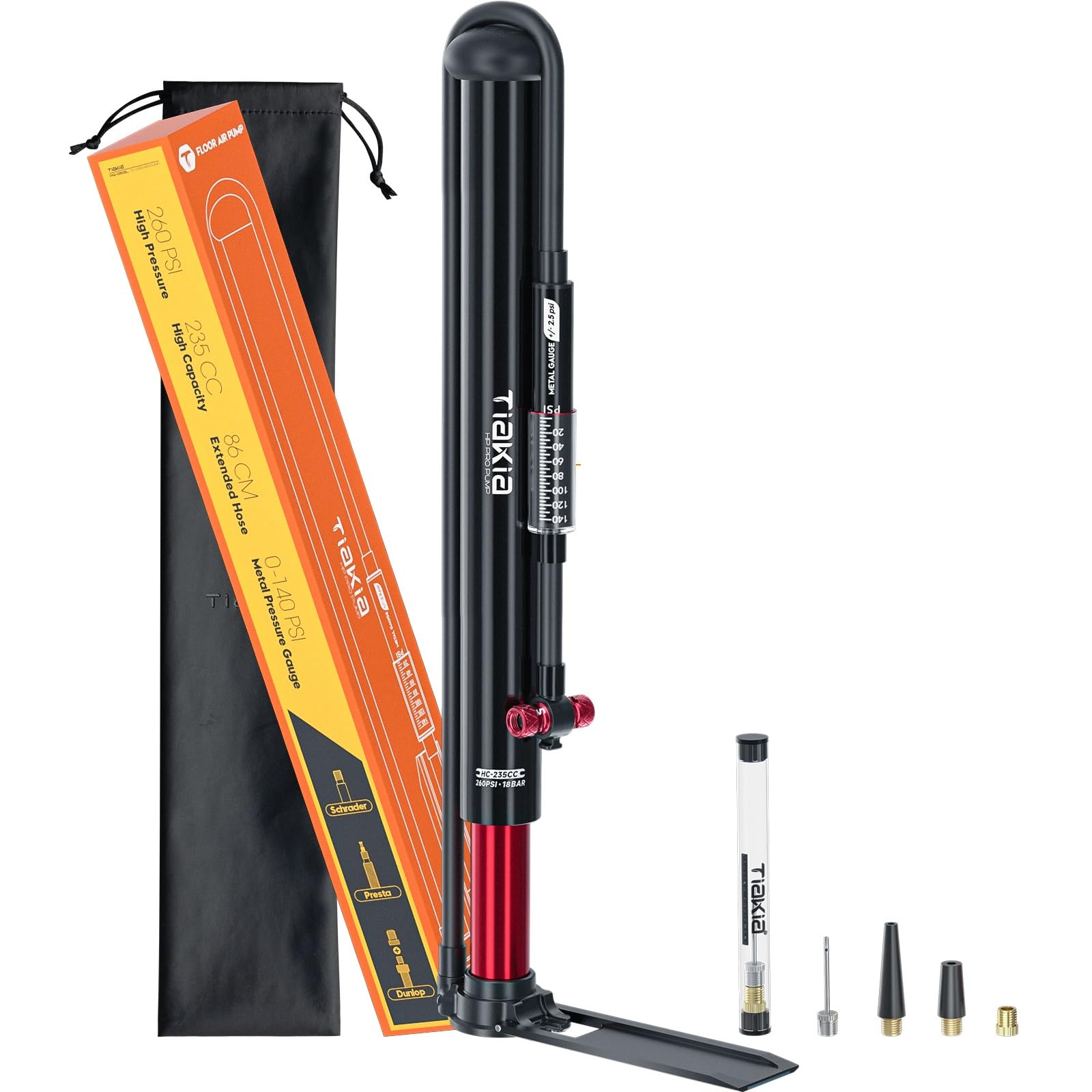 Tiakia Pompa per Bicicletta con Manometro Portatile Presta Schrader | Mini pompa da pavimento per bici in lega di alluminio 220PSI, compatta e resistente per MTB, bici da strada,…