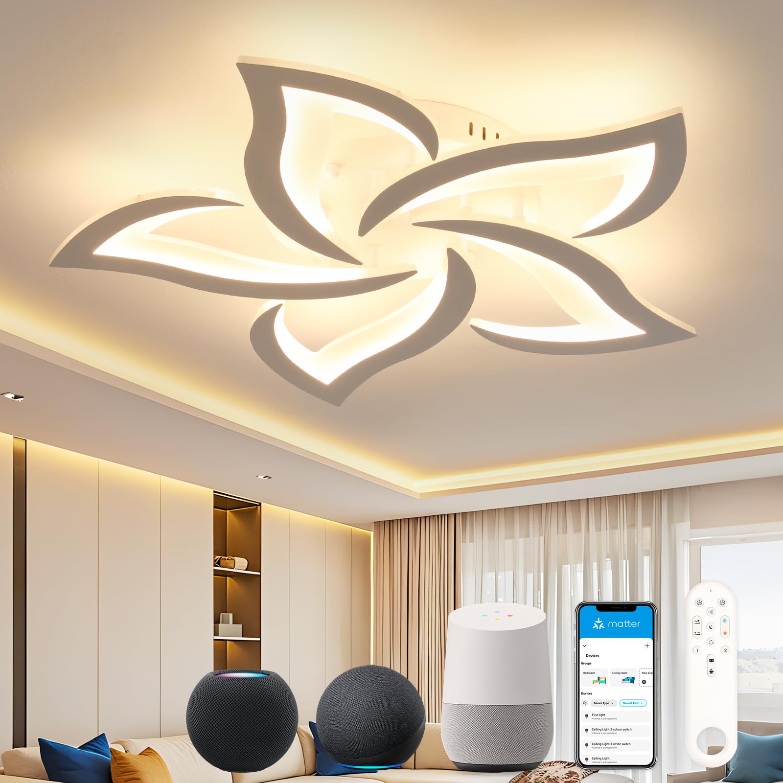 OTREN Plafoniera LED Soffitto Compatibile con Alexa HomeKit e Google Home | Lampadario a Fiore Moderno 60 cm 48W con Controllo Vocale, App e Telecomando per Camera da Letto, Soggi…