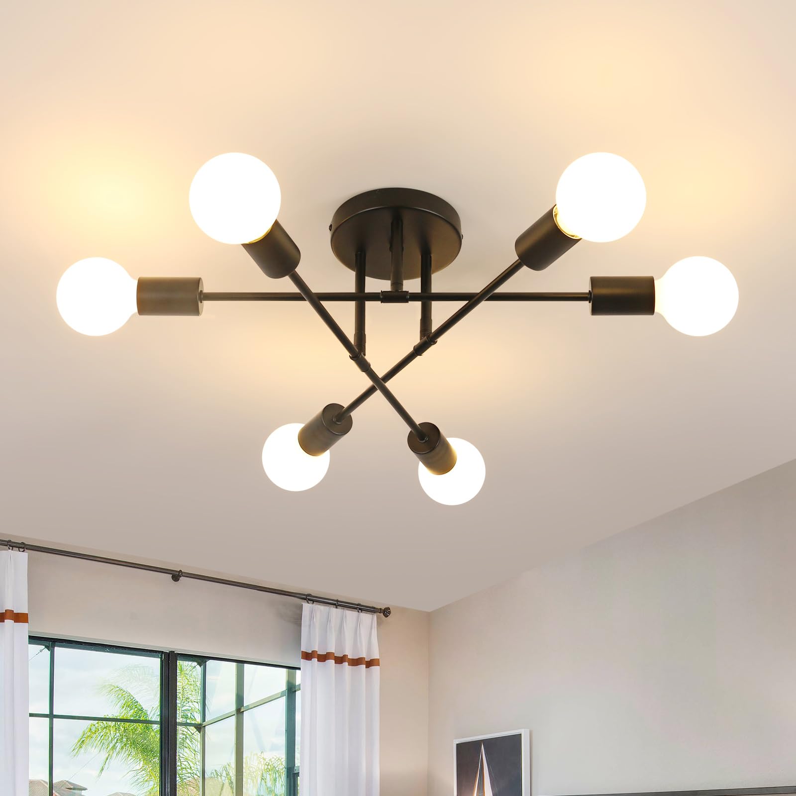 DELIPOP Plafoniera Sputnik Vintage, 6 Luci Lampada da Soffitto E27 Nero | 180° Regolabile Lampadario Industrial per Soggiorno Camera da Letto Cucina