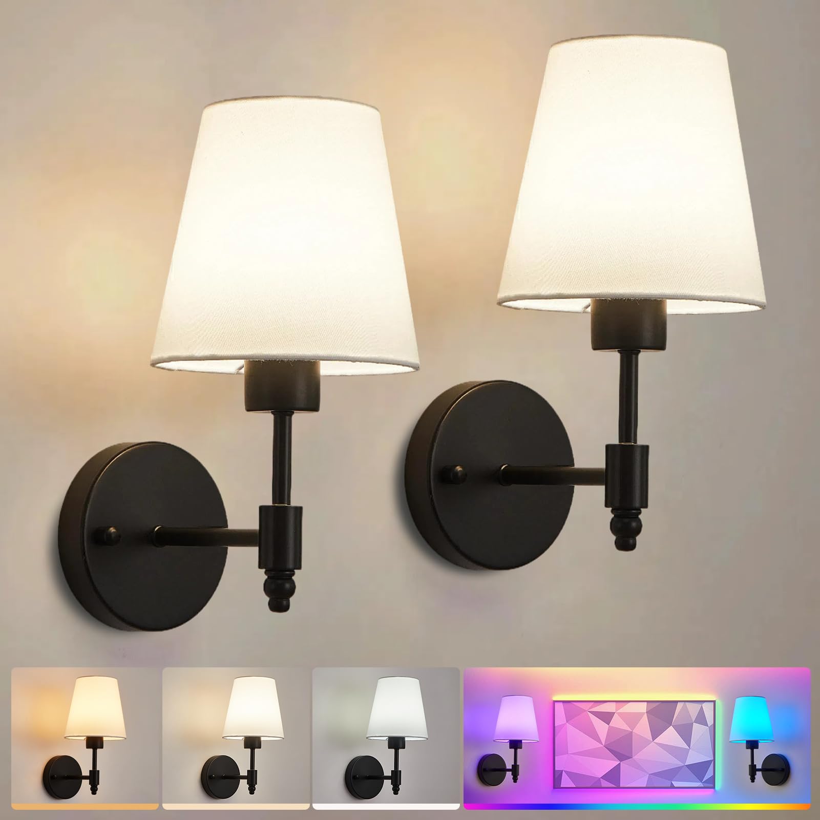 HARPER LIVING Set di 2 lampade da parete a batteria, lampade da parete in tessuto con lampadine ricaricabili e telecomando, 3 CCT e 9 RGB, dimmerabili, senza fili, per camera da l…