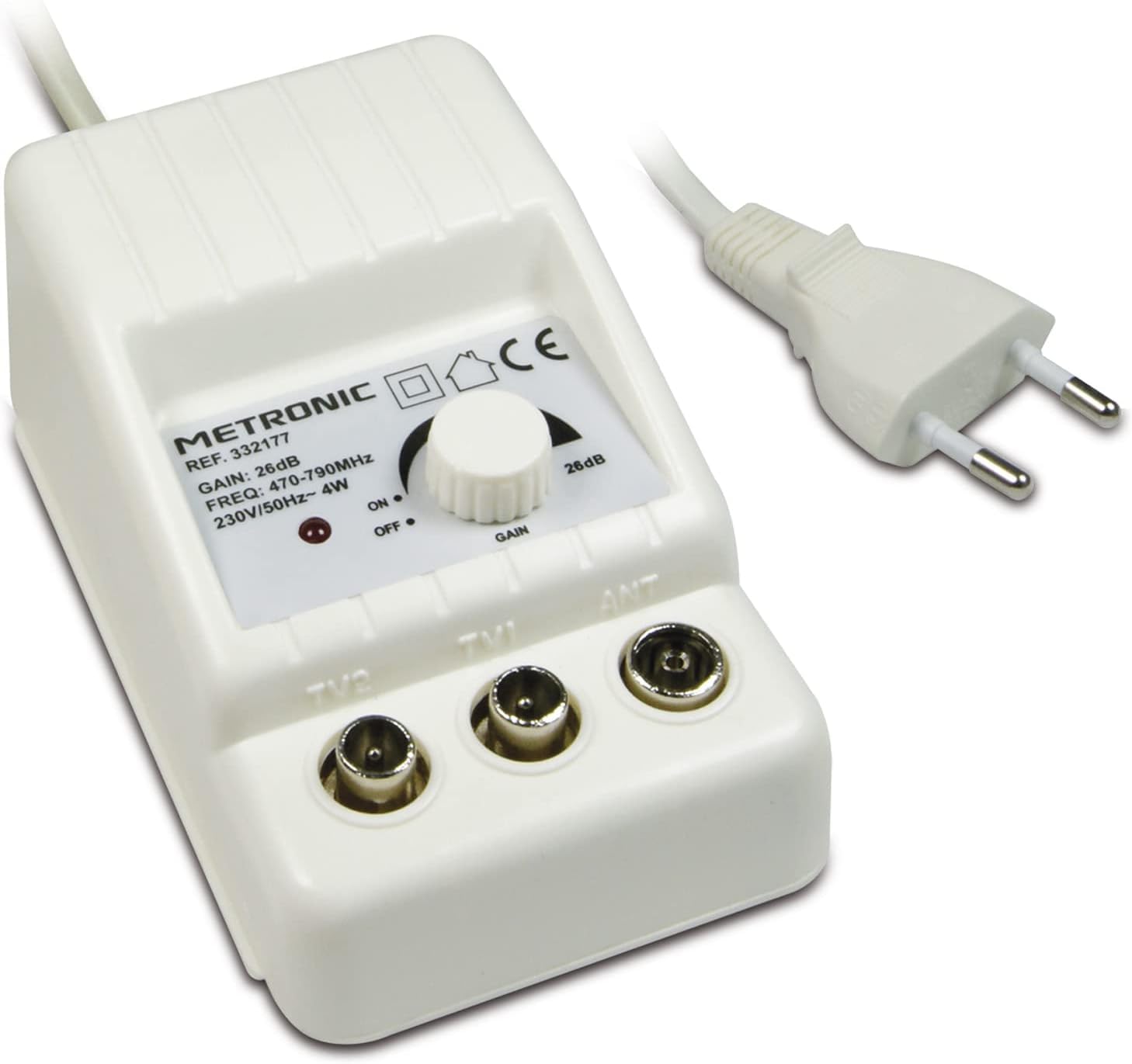 METRONIC 332187 Amplificatore Antenna TV Digitale Terrestre Interno – Potenziatore di Segnale con Alimentatore – Splitter per Impianti Televisivi Compatibile 4G/5G, 24 dB, 2 Uscit…