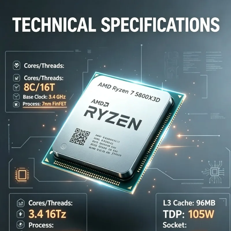 Processore Desktop AMD Ryzen 7 5800X3D AM4 per Gaming, 8C16T, 5GHz, 96MB Cache, Pezzo Singolo