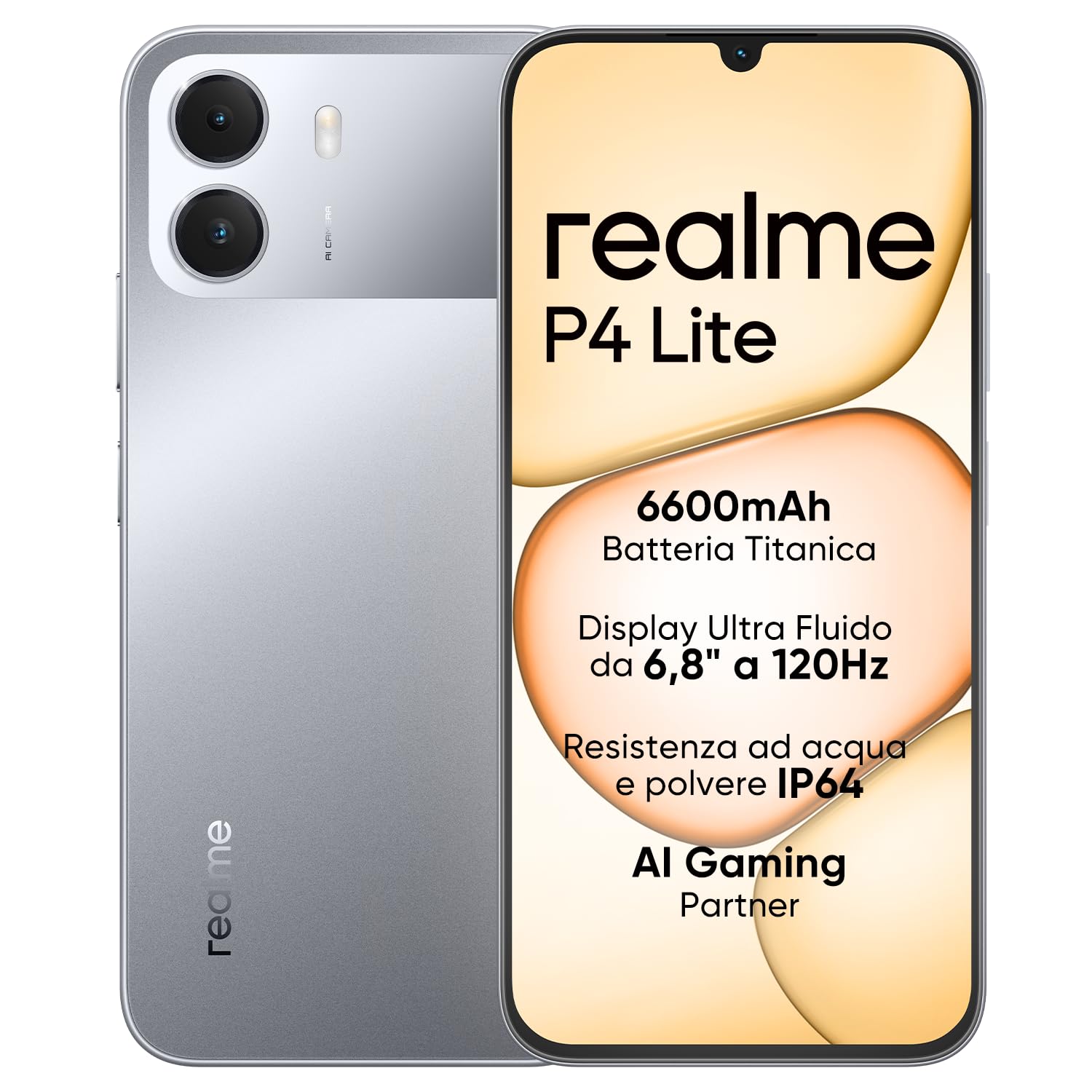 Smartphone realme P4 Lite 4G, 4GB+128GB, Display LCD HD 120Hz 6,8", Batteria Titan 6600mAh, Ricarica 15W, Ricarica inversa 6W, IP64, Sistema Next AI, Grigio Titan (Senza caricabat…