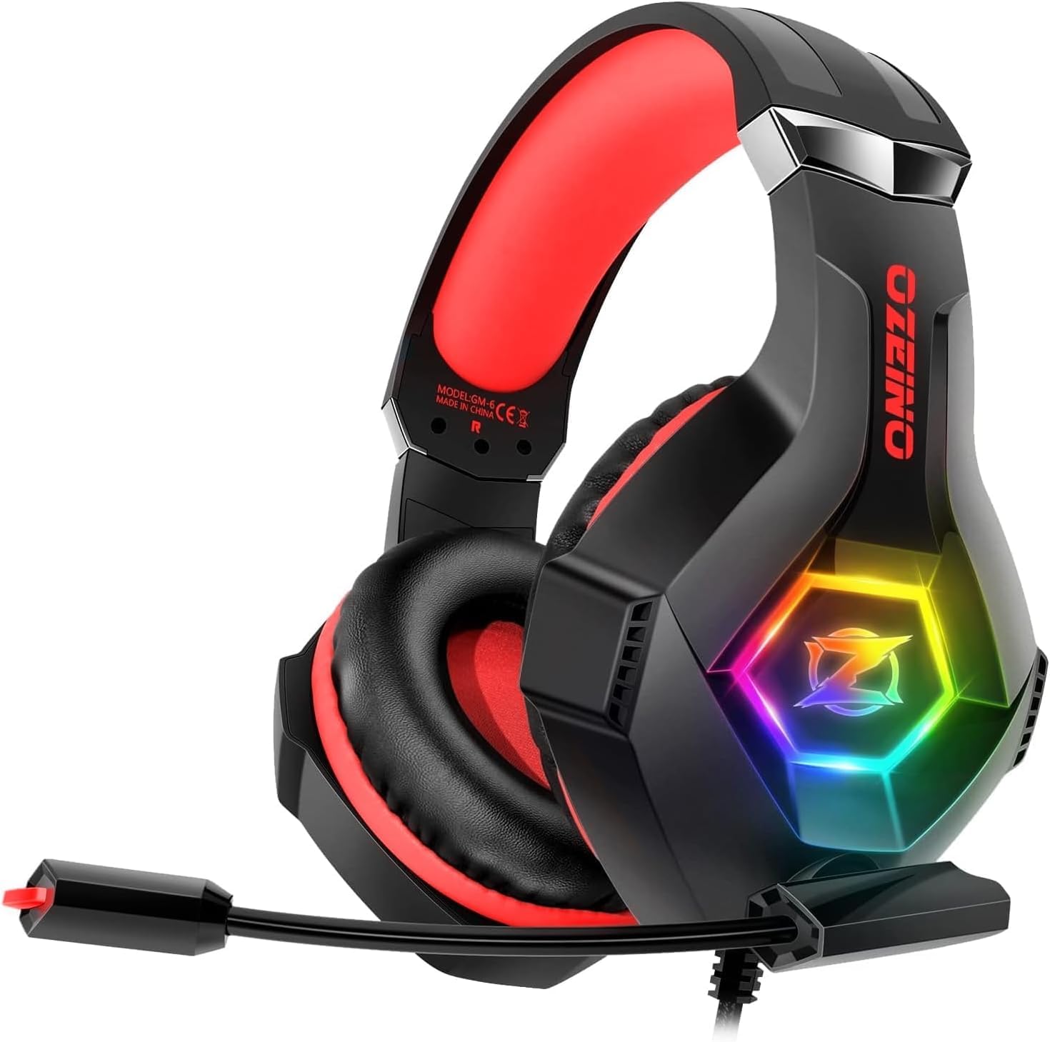 Ozeino Cuffie Gaming per Ps4 Ps5 PC, Cuffie con Microfono Cancellazione del Rumore, 3D Surround Sound, Cuffie Comfort con LED RGB,Rosso
