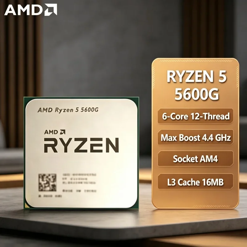 Processore AMD Ryzen 5 5600G Nuovo e Completo, 4.4GHz 6C12T Socket AM4, CPU Pratica per Lavoro d'Ufficio, Gaming e Uso Familiare