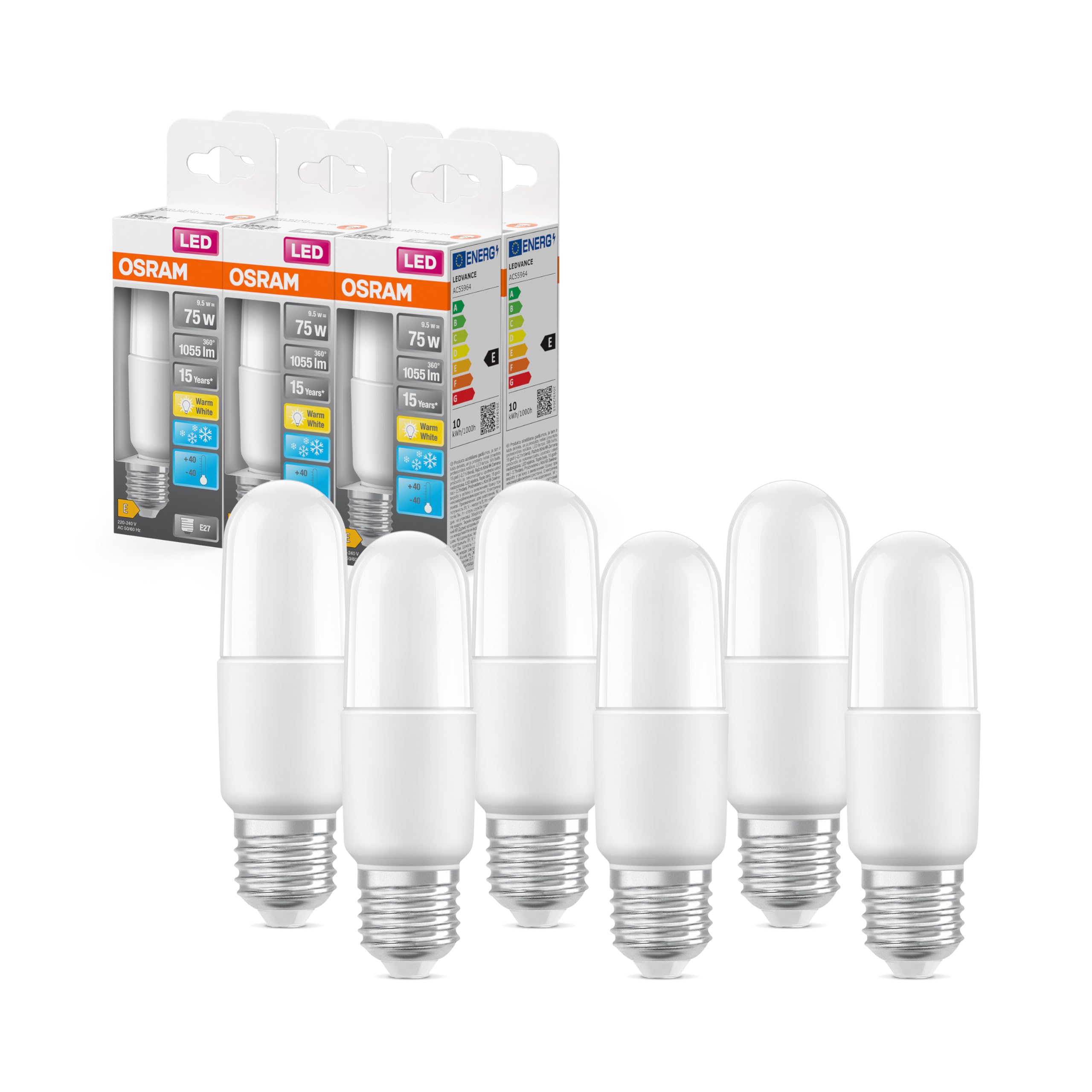 OSRAM LED STAR STICK, Attacco: E27, Bianca Calda, 2700 K, 8 W, Equivalenti a 60 W, Opaco, LED STAR STICK, Opaco, Confezione da 6 Pezzi