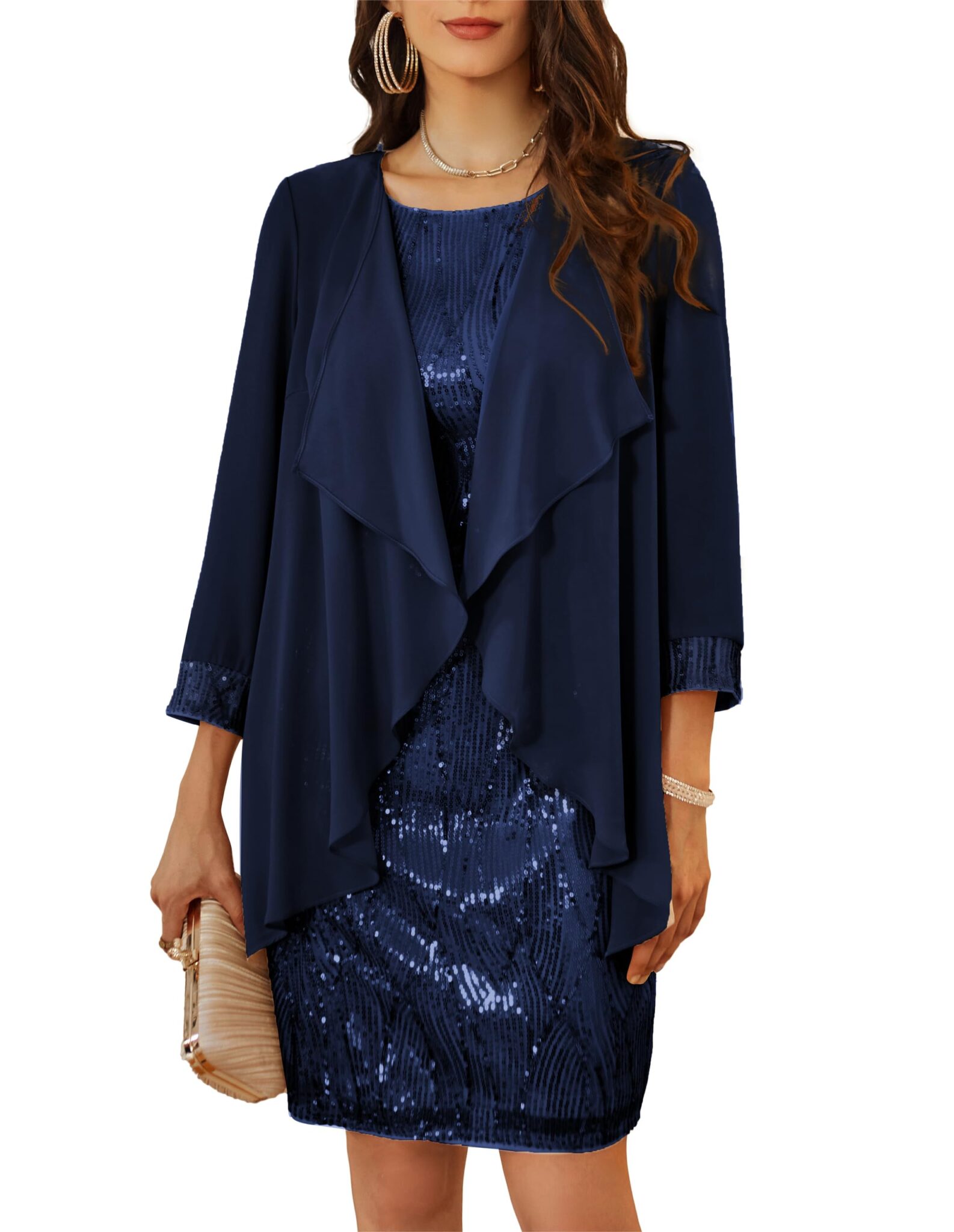 GRACE KARIN - Abito elegante da donna senza maniche con scollo rotondo, paillettes, completo in due pezzi con cardigan in tulle, abito da sera per feste