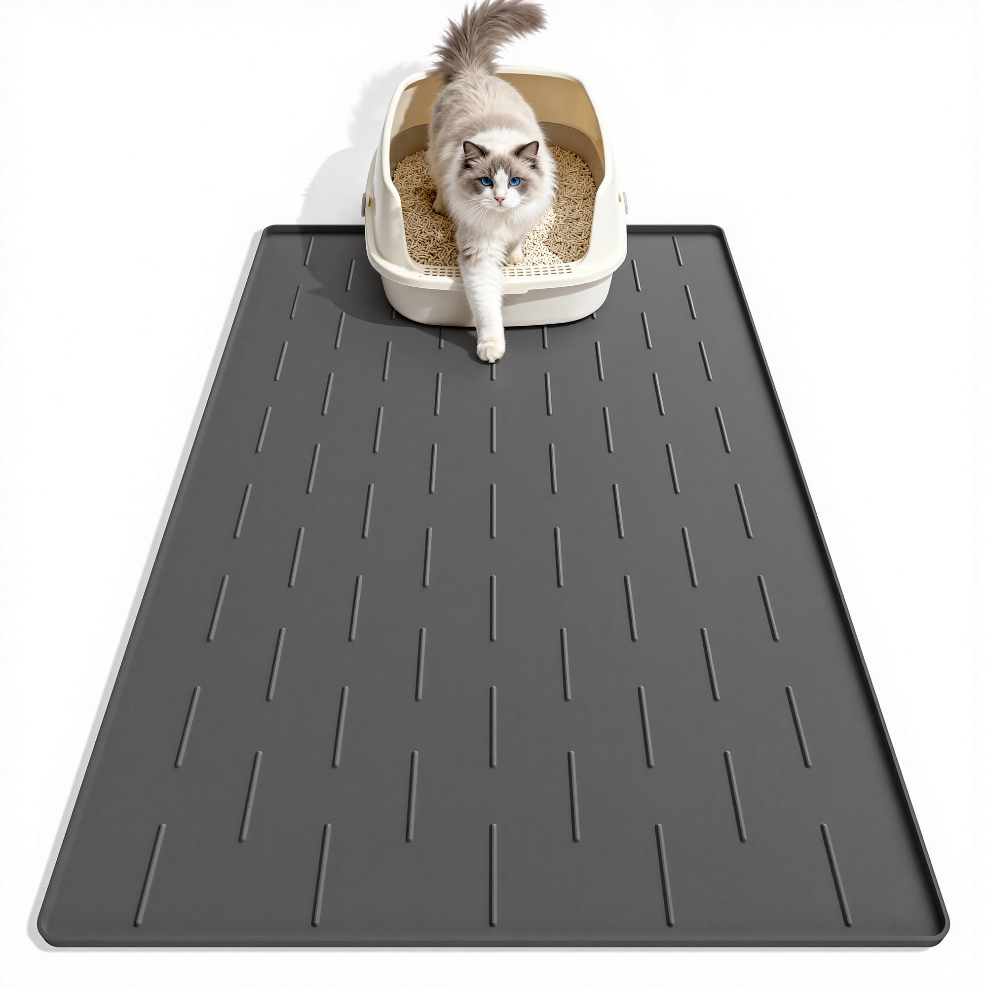Pieviev Tappetino Lettiera Gatto Silicone, Grande 86x56cm Grigio Scuro | antiscivolo e impermeabile, facile da pulire, tappeto raccoglie sabbia, sotto lettiera, bordo rialzato, ca…