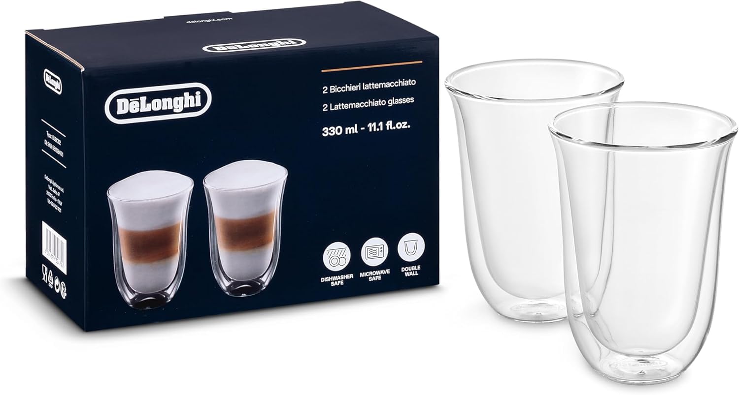 De'Longhi Bicchieri Cappuccino, Tazze di Vetro per Latte Macchiato, Vetro Borosilicato ritenzione del calore, Capacità 220ml, Set di 2, DLSC312, Trasparente