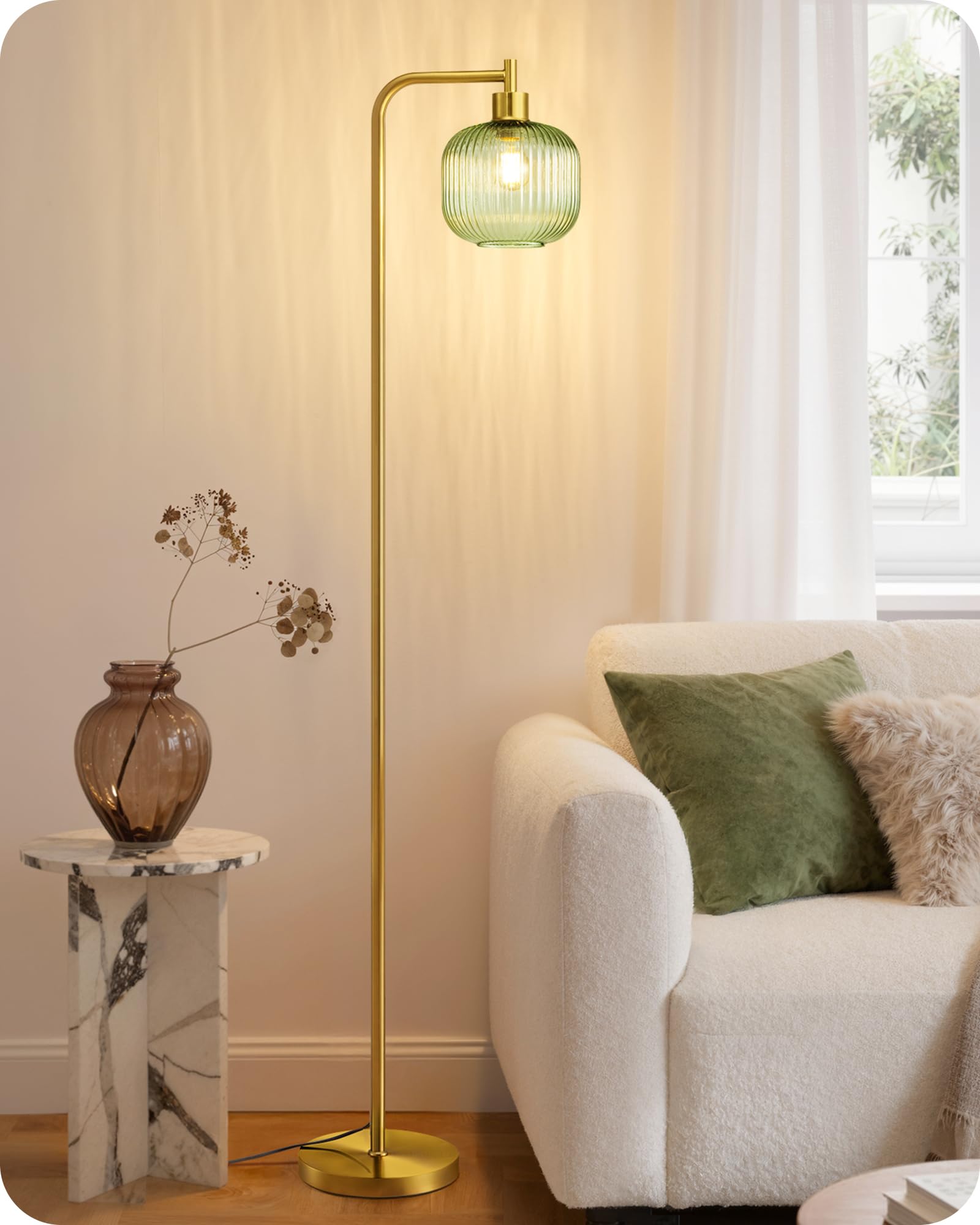 EDISHINE Lampada da Terra, Paralume Vetro Caramella, Verde Menta & Oro | Struttura Metallica Dorata, Lampada da Lettura Moderna con Lampadina LED E27 Inclusa, 2700 K, per Camera e…