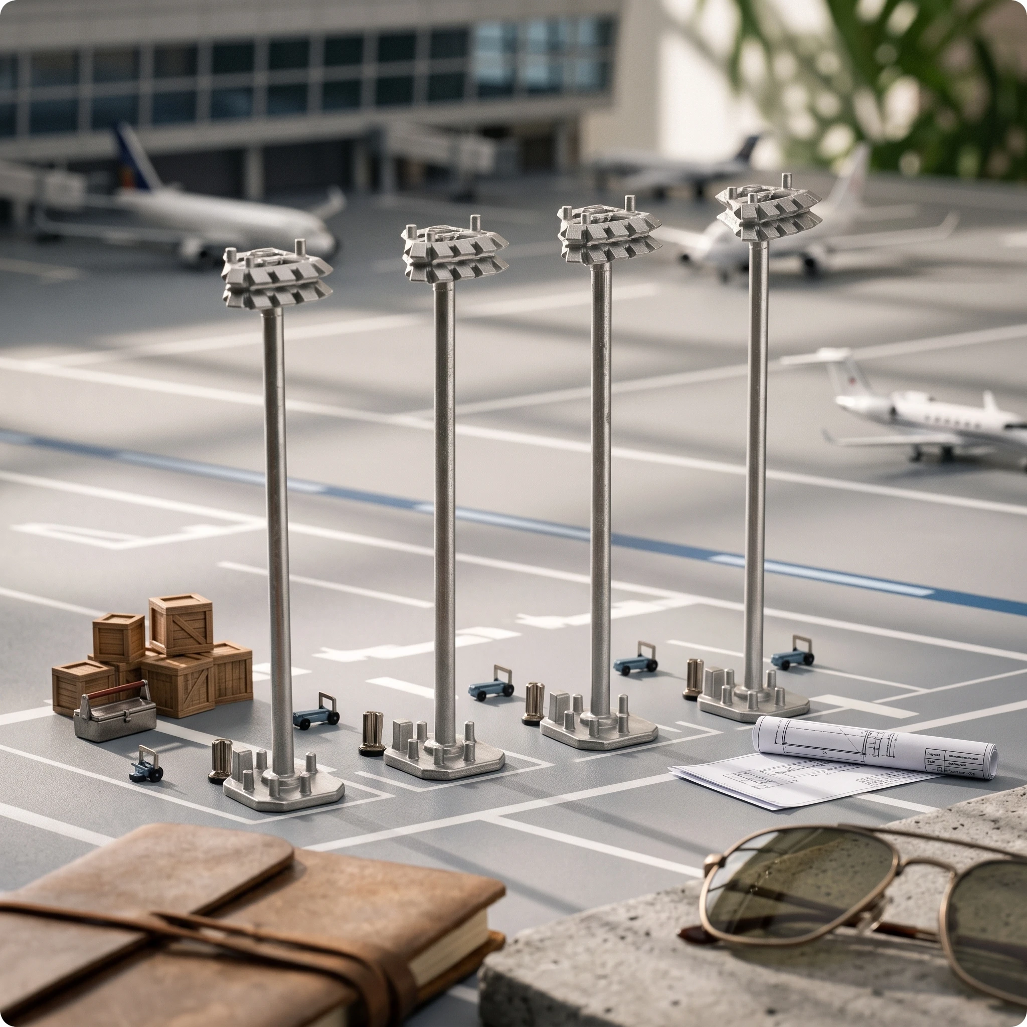 Modello di Illuminazione Aeroportuale a Palo Alto Diorama con Teste Lampada a Grappolo e Base Quadrata, Accessorio per Configurazioni Aviazione