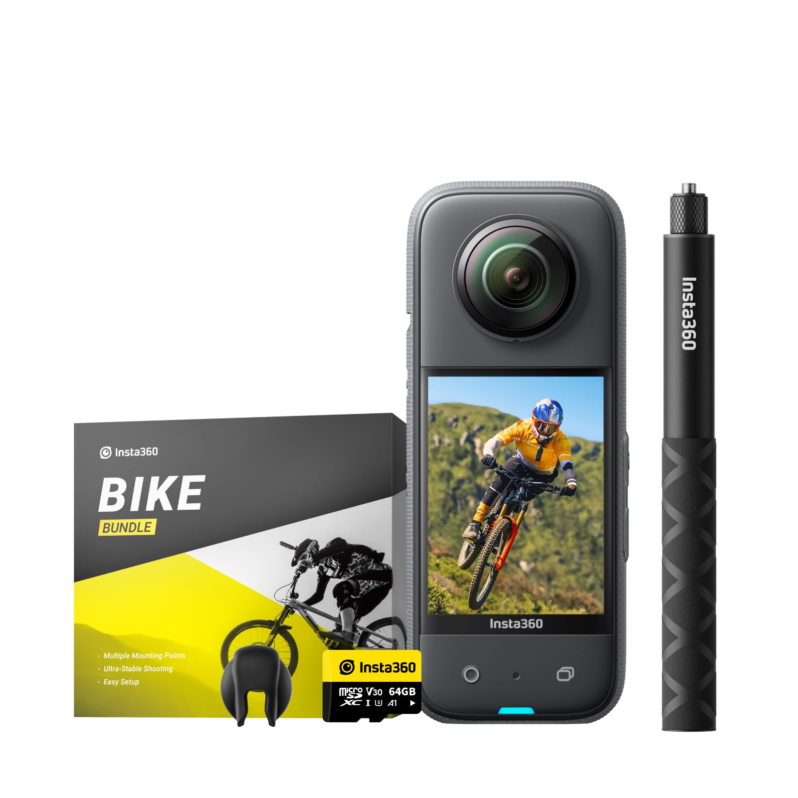 Insta360 X3 Kit Bici - Action Cam 360 impermeabile con sensore da 1/2", foto 360 da 72MP, video 360 5.7K, stabilizzazione, touch screen 2,29", vibrazione, editing IA, live streami…
