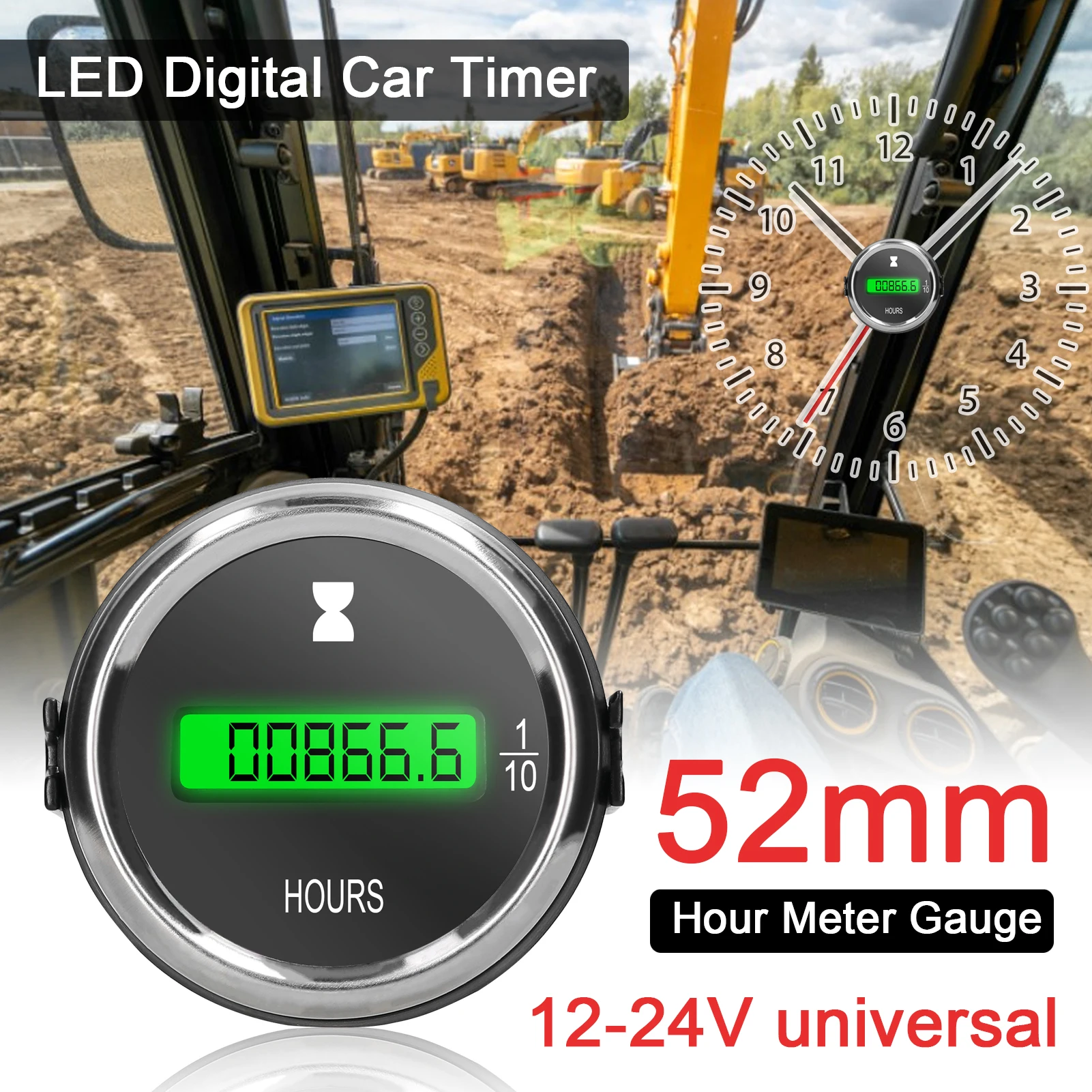Contatore ore digitale a LED da 52mm 12/24V per auto, camion, imbarcazioni e mezzi marini