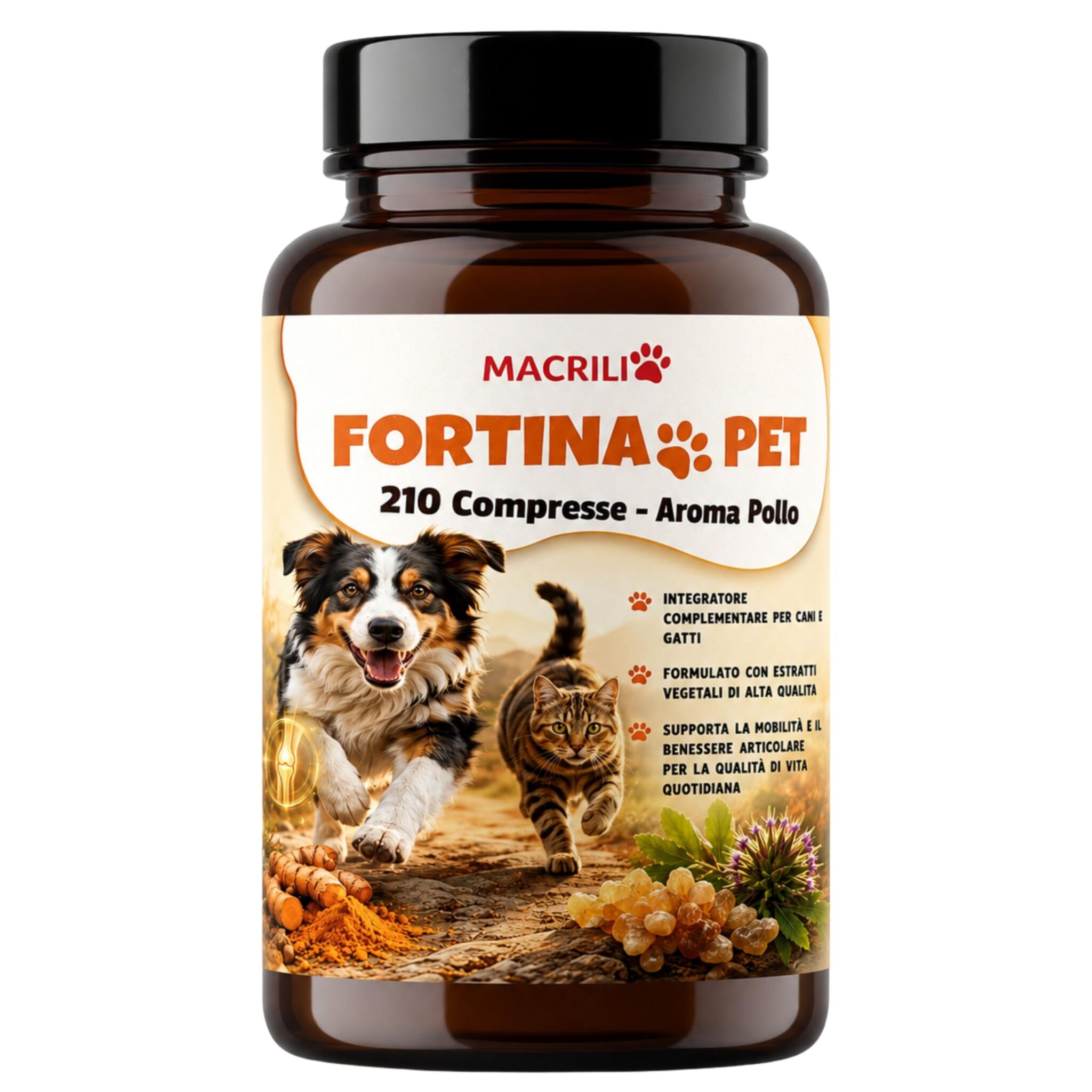 Integratore Articolazioni Cane e Gatto 210 Compresse Aroma Pollo, Supporto Mobilità e Movimento Quotidiano, Curcuma Boswellia Artiglio del Diavolo, Mangime Complementare Naturale