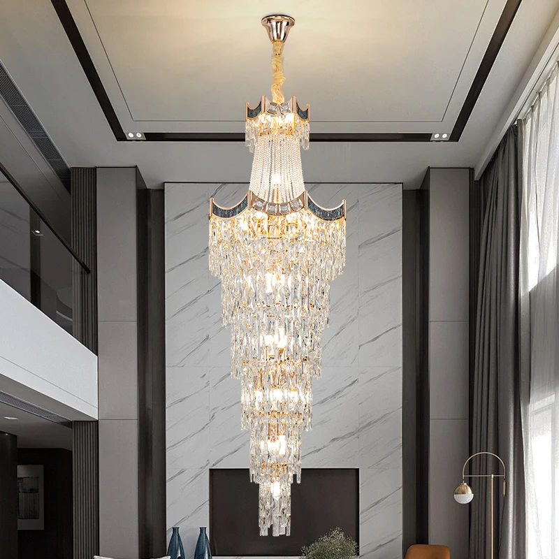 Lampadario moderno di lusso con scala dorata, edificio duplex, lampadario di cristallo, villa, soggiorno, lampada da ingresso duplex