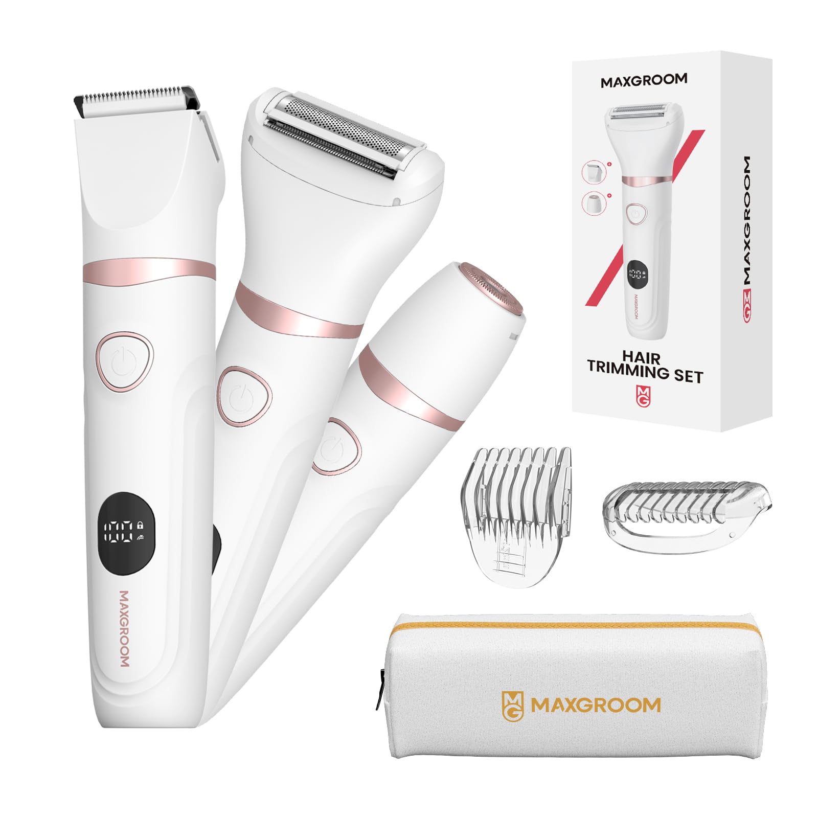 MAXGROOM Rasoio Elettrico Donna per Parti Intime 3 in 1, Bianco | Depilatore Corpo Inguine Impermeabile con Lama Ceramica Led Display Motore Potente 7000 giri/min Ricaricabile Typ…