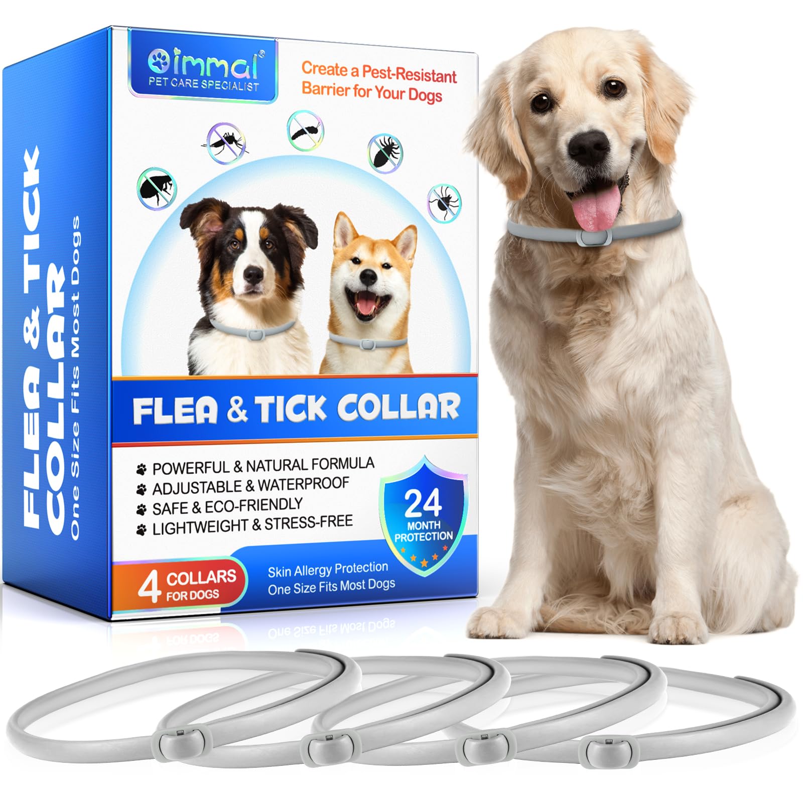 4 Pezzi Collare Antiparassitario per Cani, Naturali Collare Antipulci e Zecche per Cani, Collare Regolabile Impermeabile,Elimina pulci, zecche, pidocchi