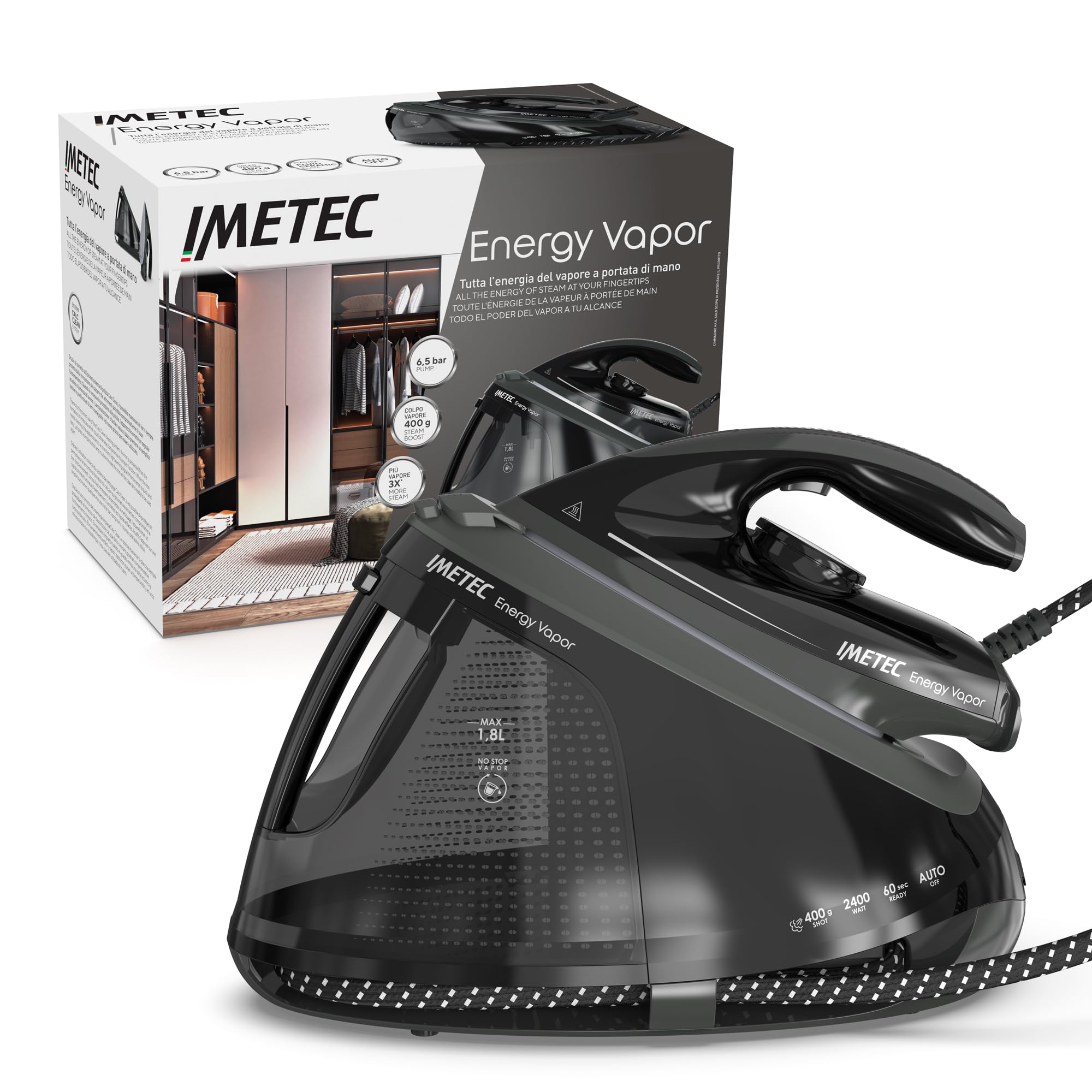 Imetec Energy Vapor – Ferro da stiro con caldaia 2400W | Pressione 6.5 BAR | Colpo vapore 400 g | Piastra Fluid Ceramic | Bloccaferro e autospegnimento | Tecnologia ECO