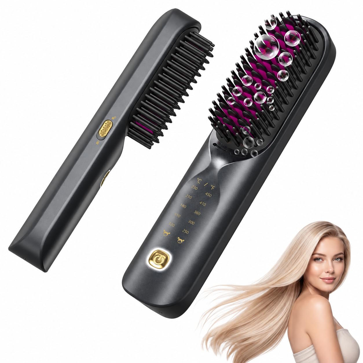 Bopcal Spazzola Lisciante per Capelli 10000mAh - 3 in 1 Spazzola Lisciante Senza Fili 300 Milioni di Ioni, Riscaldata 30S, Ceramica antiscottatura, Viaggio, Portatile e Powerbank…