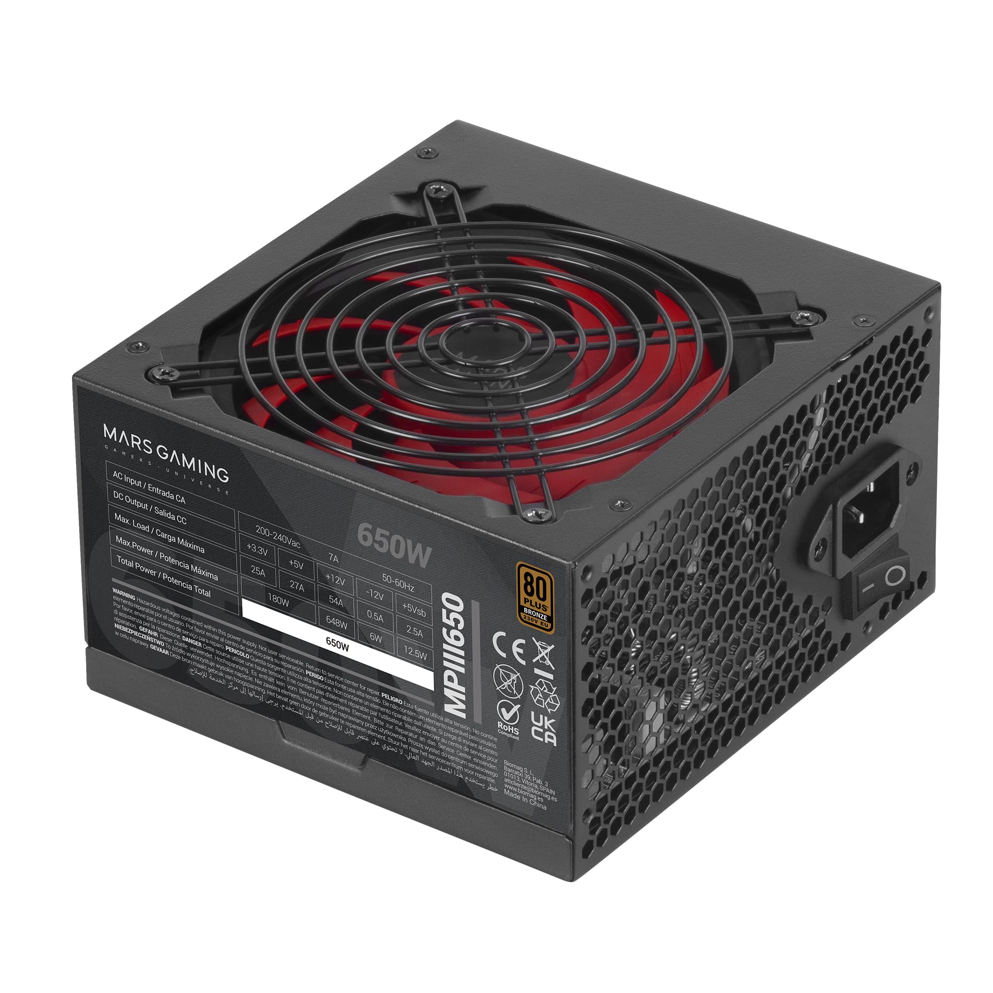 Alimentatore Mars Gaming MPIII650 ATX 650W, 80 Plus Bronze, Nero | Certificato 80Plus Bronze, 86% di efficienza energetica, APFC, ventola AI-RPM-FDB da 120 mm, DC-DC e SMD