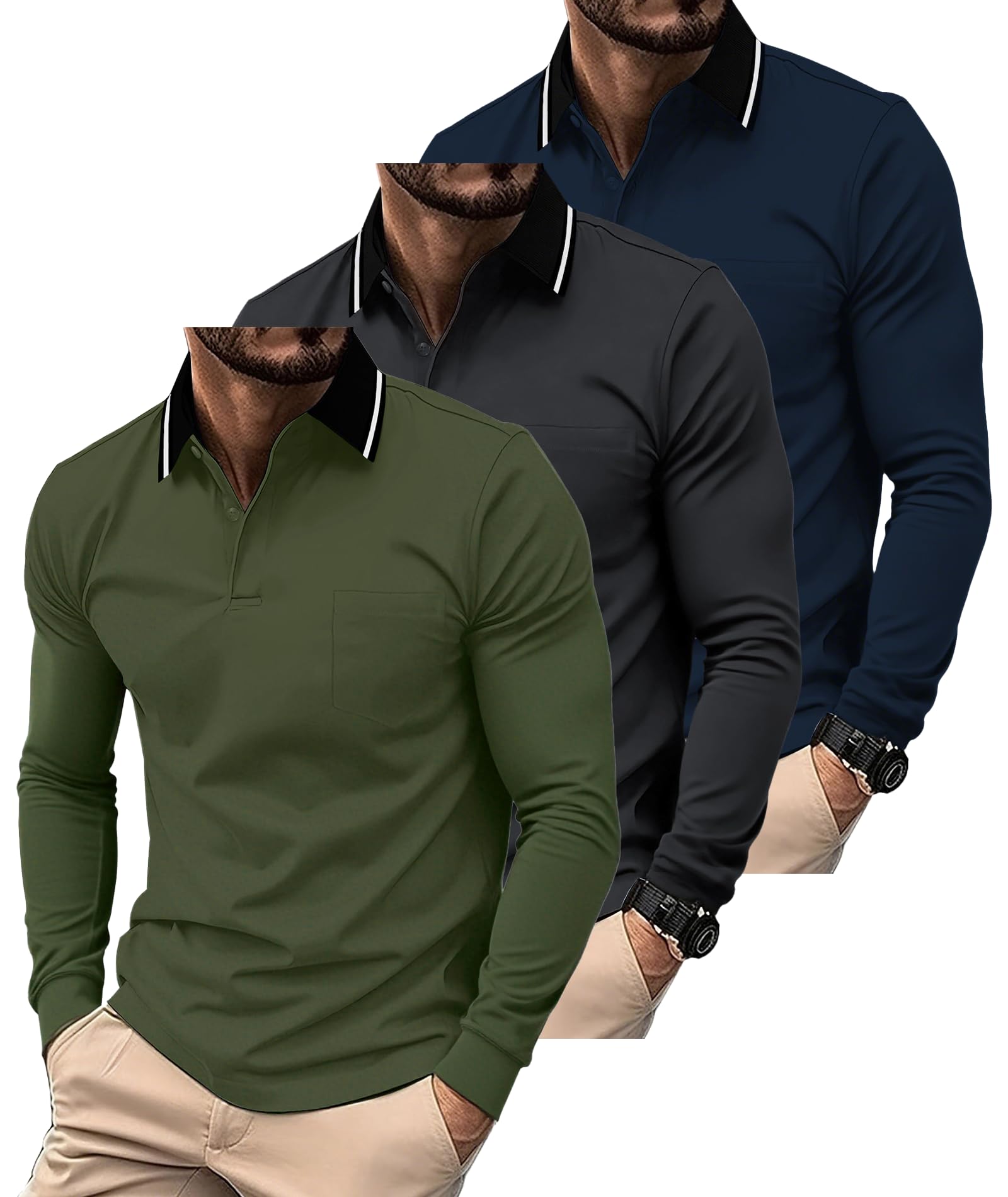 SwissWell 3 Pack Polo Uomo Maniche Lunghe Golf T-Shirt con Taschino Traspirante e Leggera