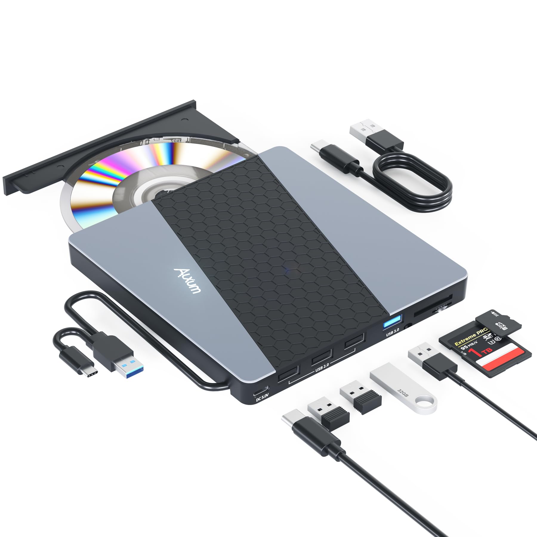 Alxum Unità CD Esterno per Computer Portatile DVD & CD con Lettore di Schede SD/TF e porte USB 2.0 USB 3.0, Disco CD Esterno USB e USB C per Laptop, Desktop, MacBook, Windows, Lin…