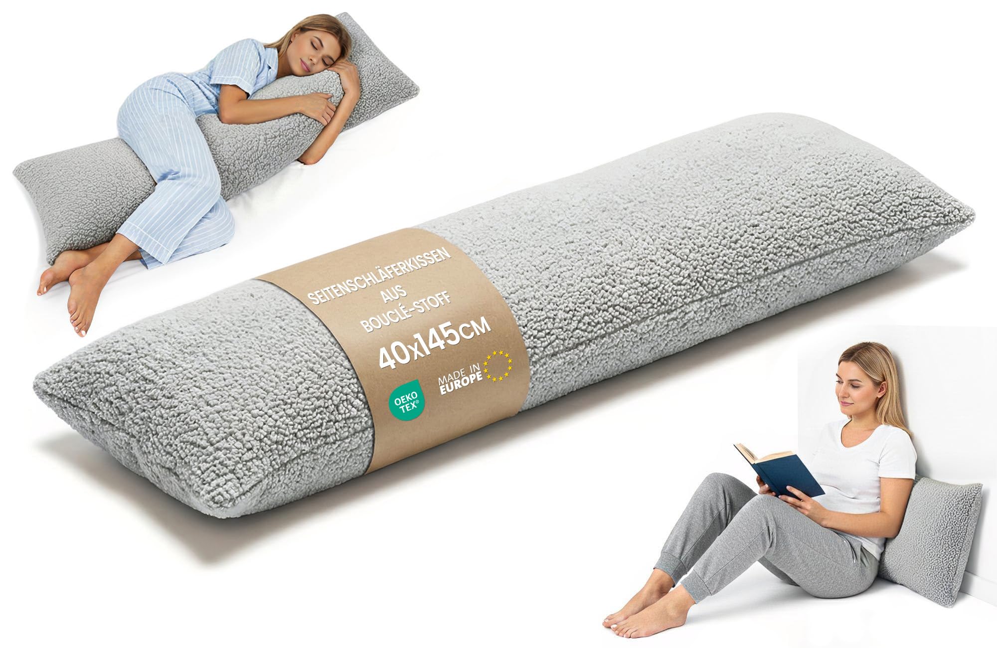 Totsy Baby Cuscino per dormire sul fianco 40x145 cm – cuscino lungo ergonomico Body Pillow fodera Bouclé morbido traspirante sfoderabile – certificato OEKO-TEX Grigio Chiaro