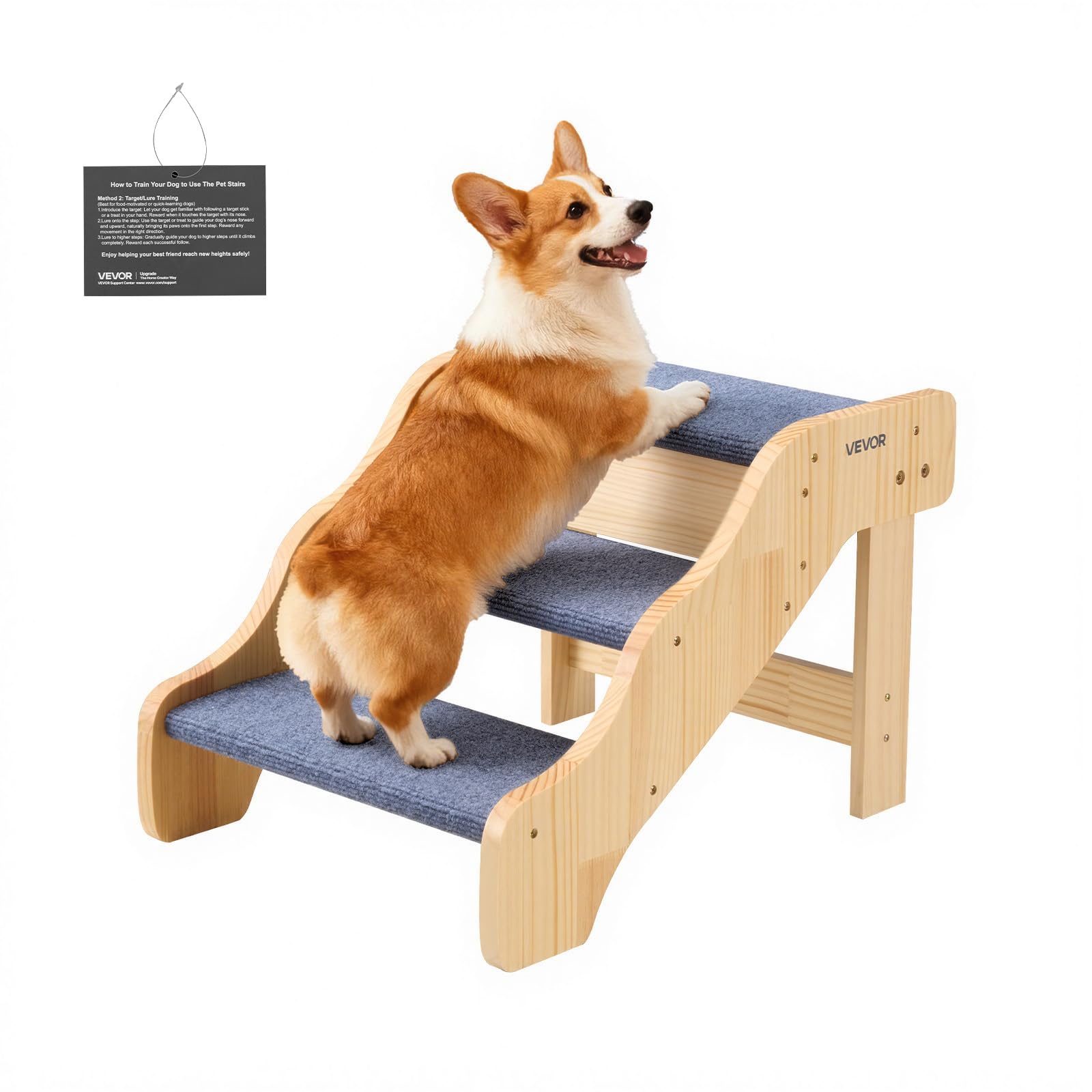 VEVOR Scale in Legno per Animali Domestici con 3 Gradini per Letti Alti, Divani e Auto, Capacità di Carico di 68 kg, Superficie Antiscivolo, Scaletta Stabile per Cani e Gatti di P…