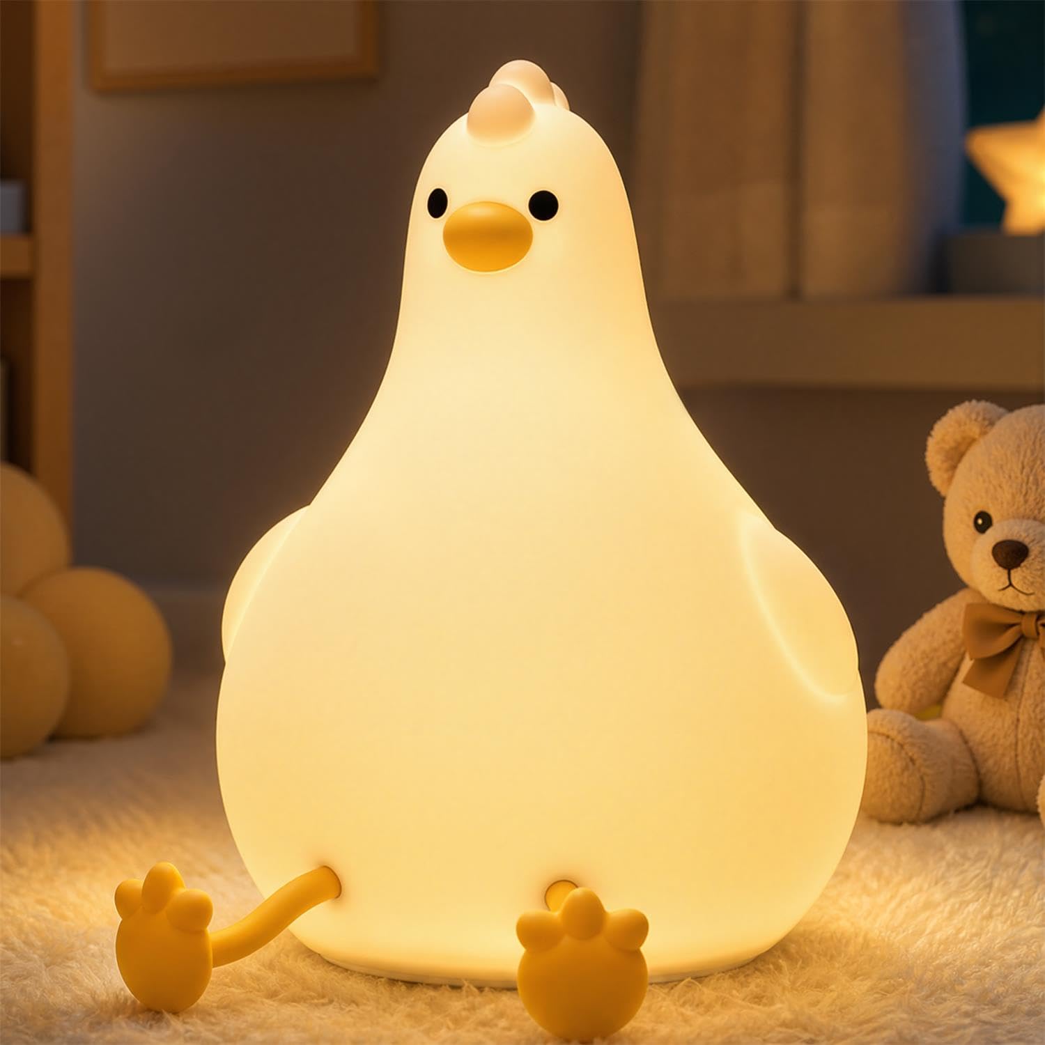 Auxmir Luce Notturna Neonato Pollo in Silicone, Lampada da Comodino Bambini Morbida Touch con Colori RGB, 3 Livelli Dimmerabili e 2 Modalità, LED Ricaricabile 2000mAh USB per Sonn…