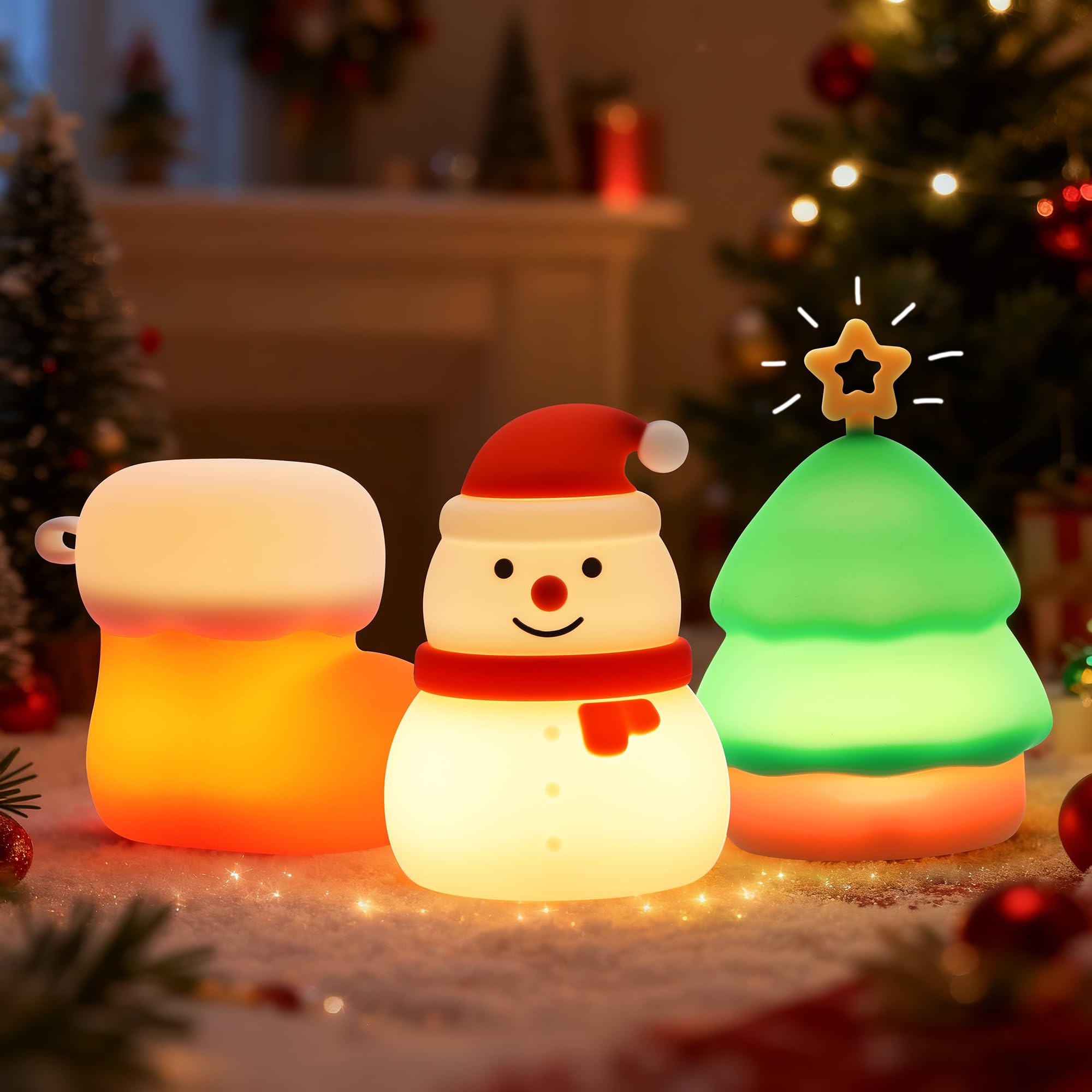 Wrischan Luci Natalizie Touch, 3 Pack Luci Notturne USB Ricaricabili con Cambio Colori per Bambini, Decorazioni Natalizie Pupazzo di Neve Stivale Albero, Lampada Comodino Regalo