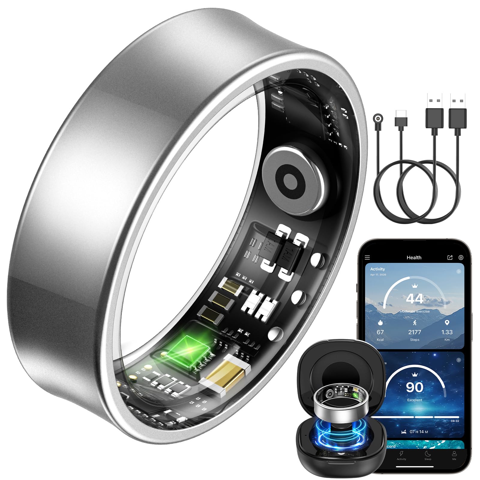 BANLVS 2026 Smart Ring Uomo Donna, Anello Intelligente Fitness con 24H HRV Frequenza Cardiaca SpO2, 176 Sport, Impermeabile IP68, APP Nessun Abbonamento Android iOS, Argento, 60mm…