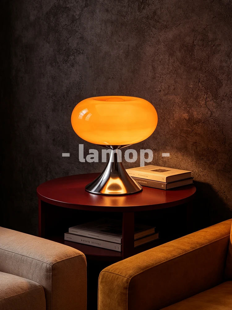 Lampada da Tavolo in Vetro di Murano Lucido Arancione a Forma di Ciambella con Base Allargata, Luce Soffusa a 3 Tonalità in Stile Coreano, Lampada da Comodino per Camera da Letto