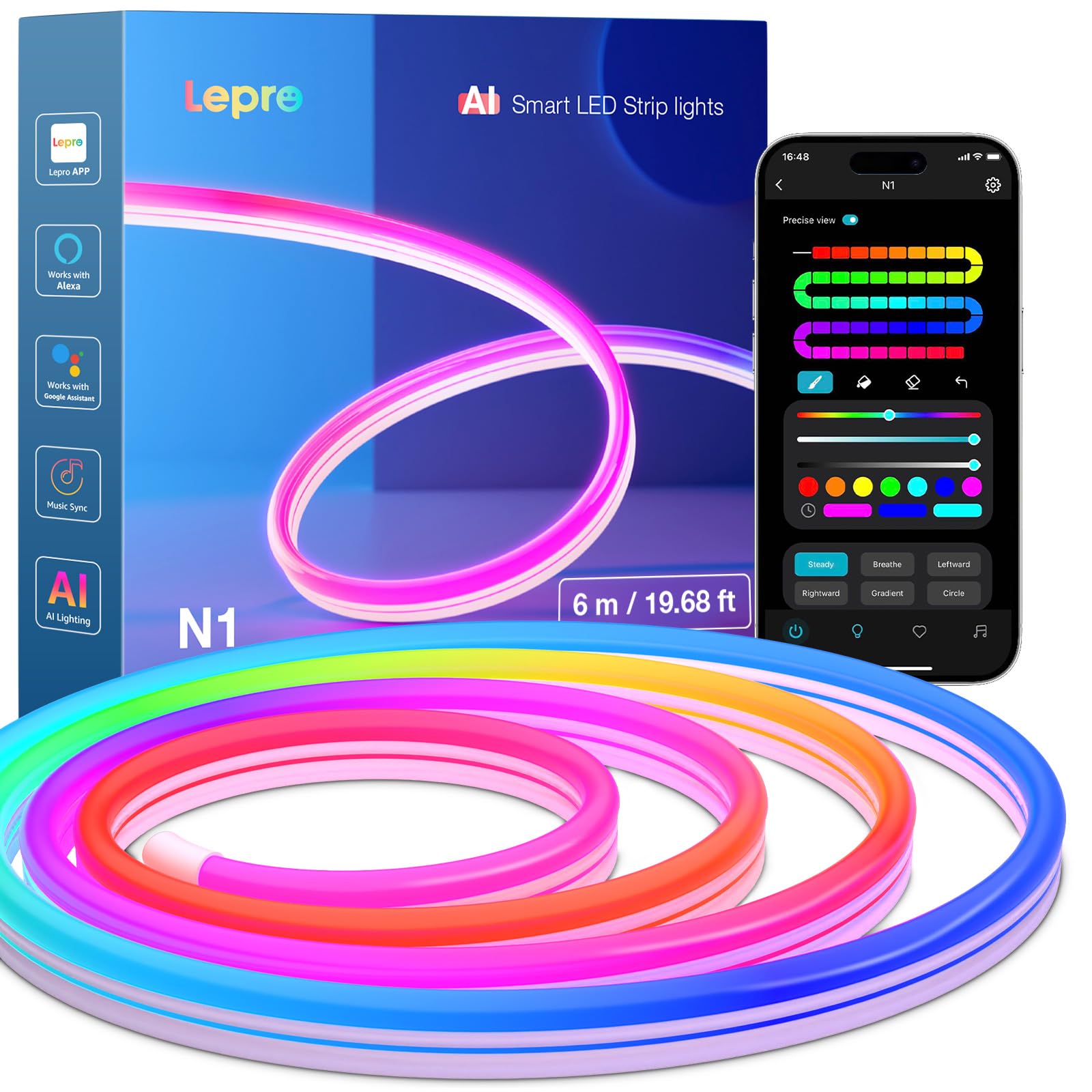 Lepro N1 AI Neon Luci Natale Esterno 6M | Neon LED esterno con colori segmentati DIY, controllo vocale e musica sincronizzata per decorazioni creative
