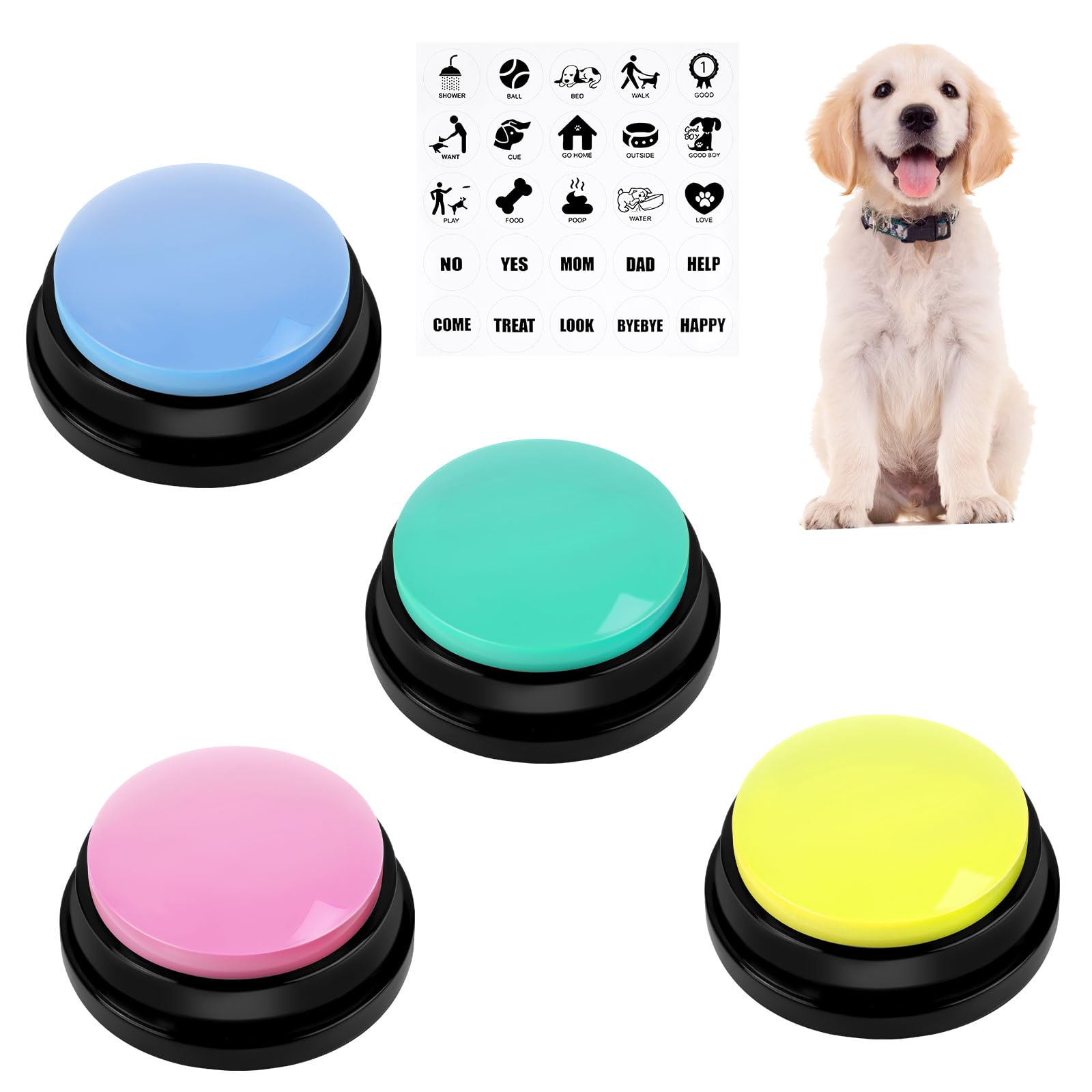vsshe Pulsanti per Cani, 4 Pezzi Pulsante per l'addestramento del Cane, Set di Bottoni per Cani con Adesivi, Registrazione e Riproduzione di 30 Secondi, Tappetino in Gomma per Can…